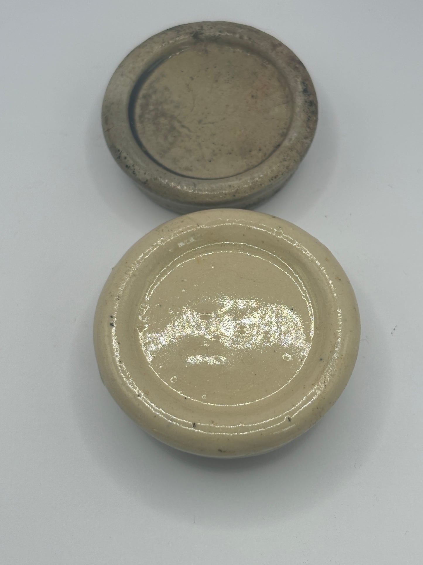 2 old stoneware eye ointments