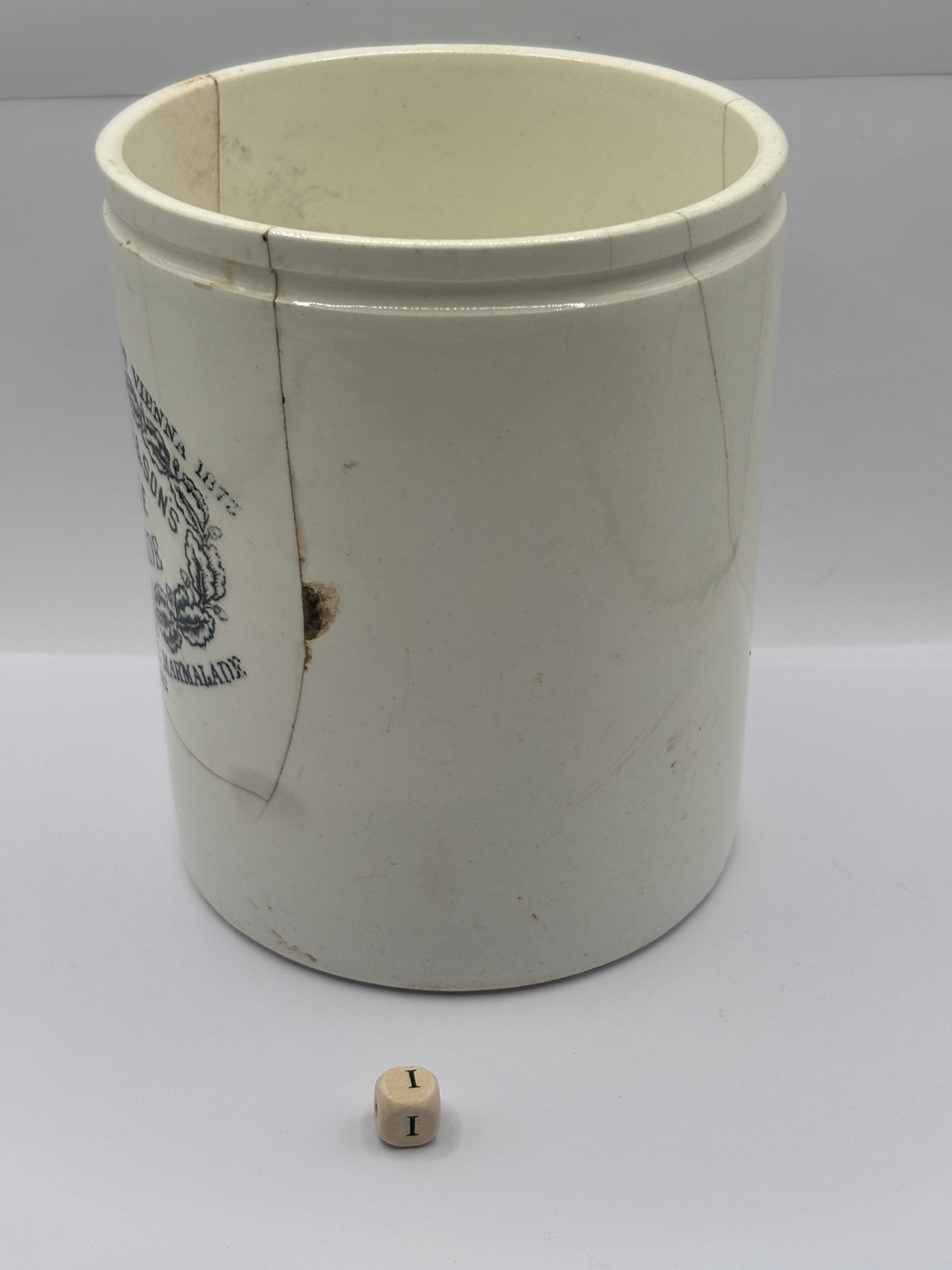 Old large 3lb stoneware marmalade pot, James Keiller Dundee marmalade (i) damaged