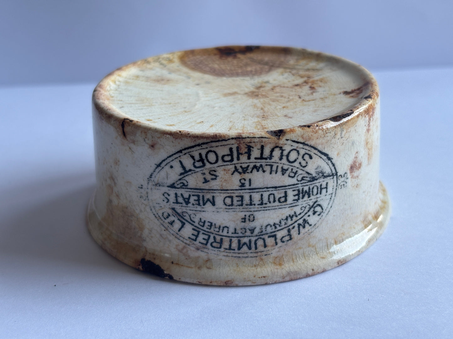 Old stained & crazed plumtree meat paste pot