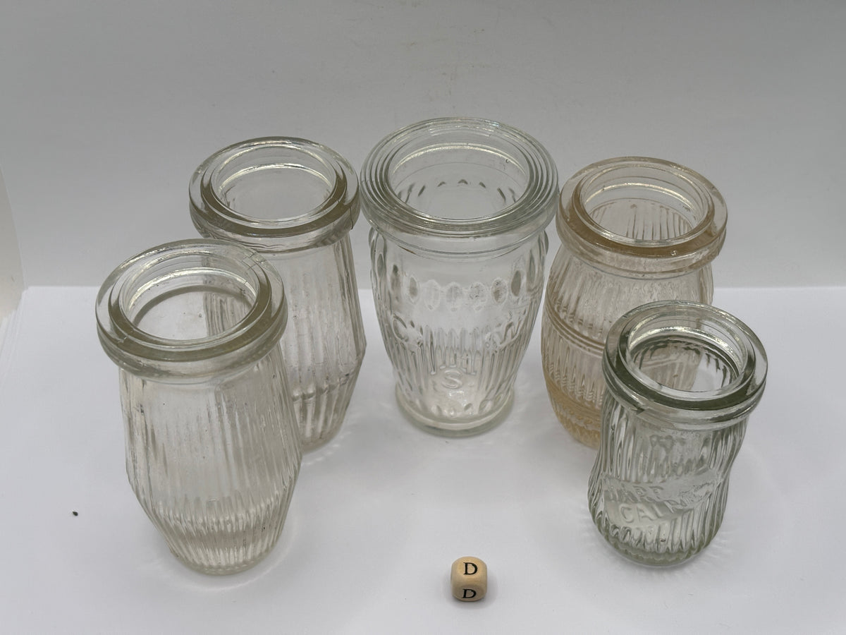 5 old clear glass meat paste jars (D)