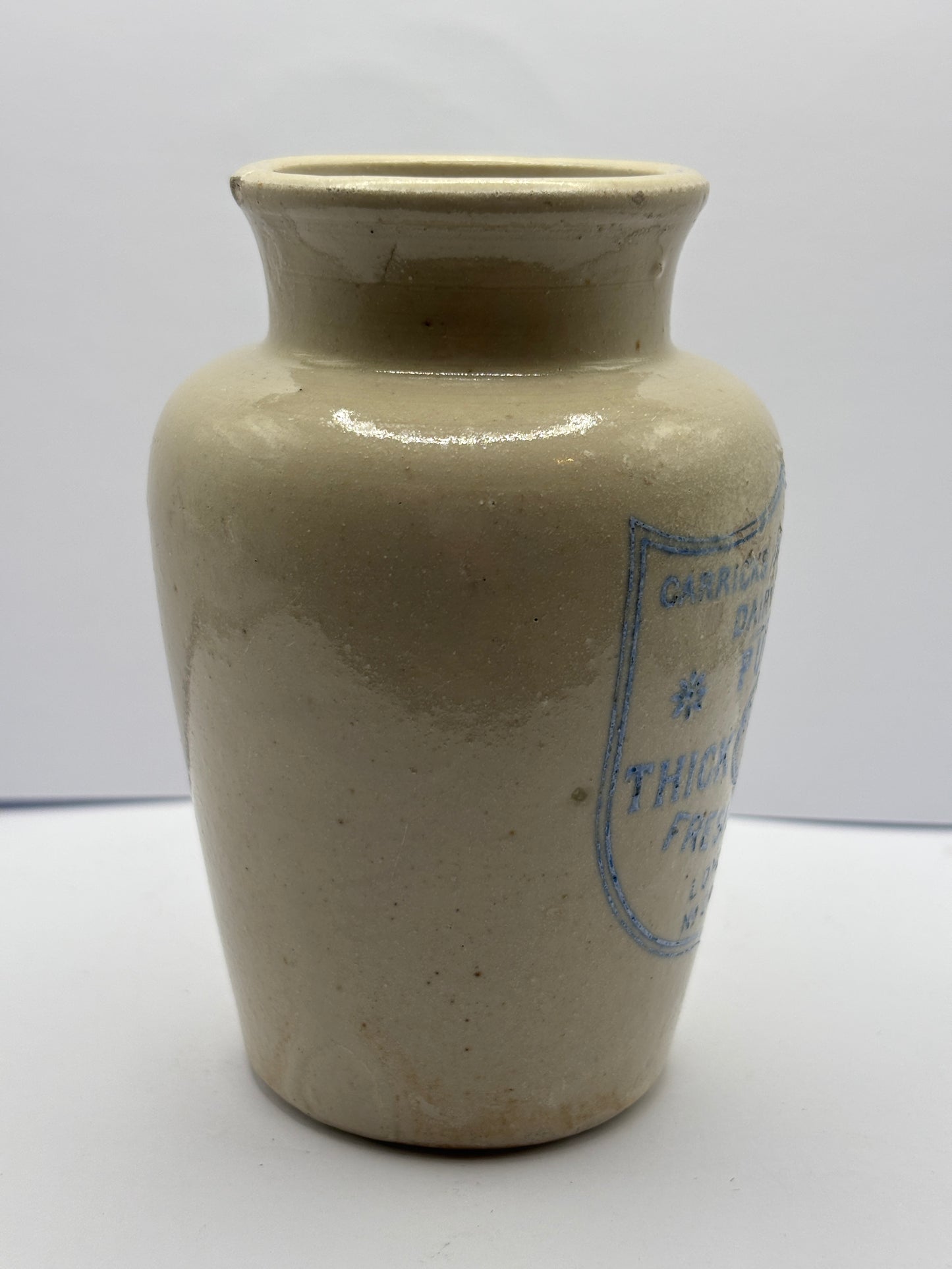 Old blue print advertising stoneware cream pot, Carricks cumberland dairy co, Pure thick cream