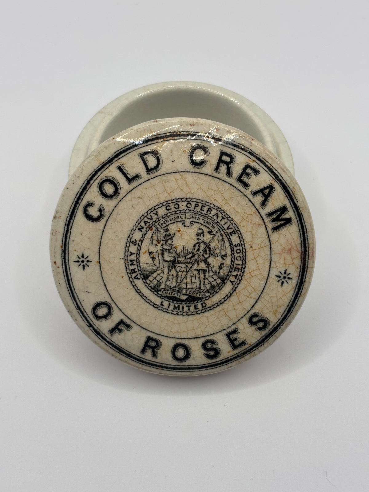 Old advertising lid and base. Cold cream of roses army & navy