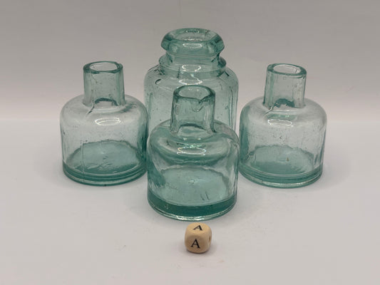 4 old aqua glass inks, inkwells, ink bottles, smooth top (a)