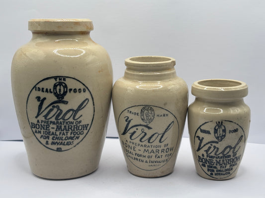3 Old stoneware advertising Virol jars