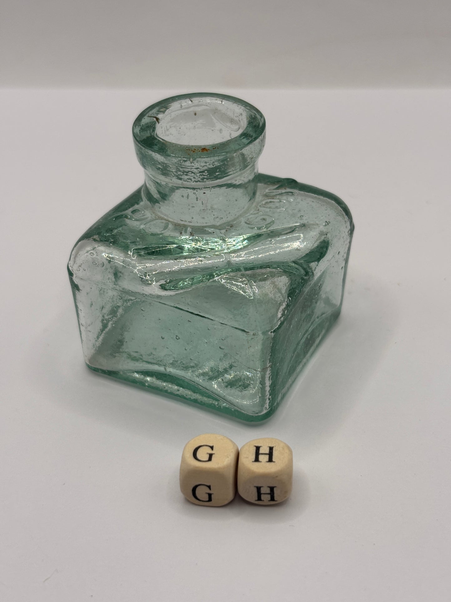 Old aqua glass Polygon ink, ink bottle. Inkwell (GH)
