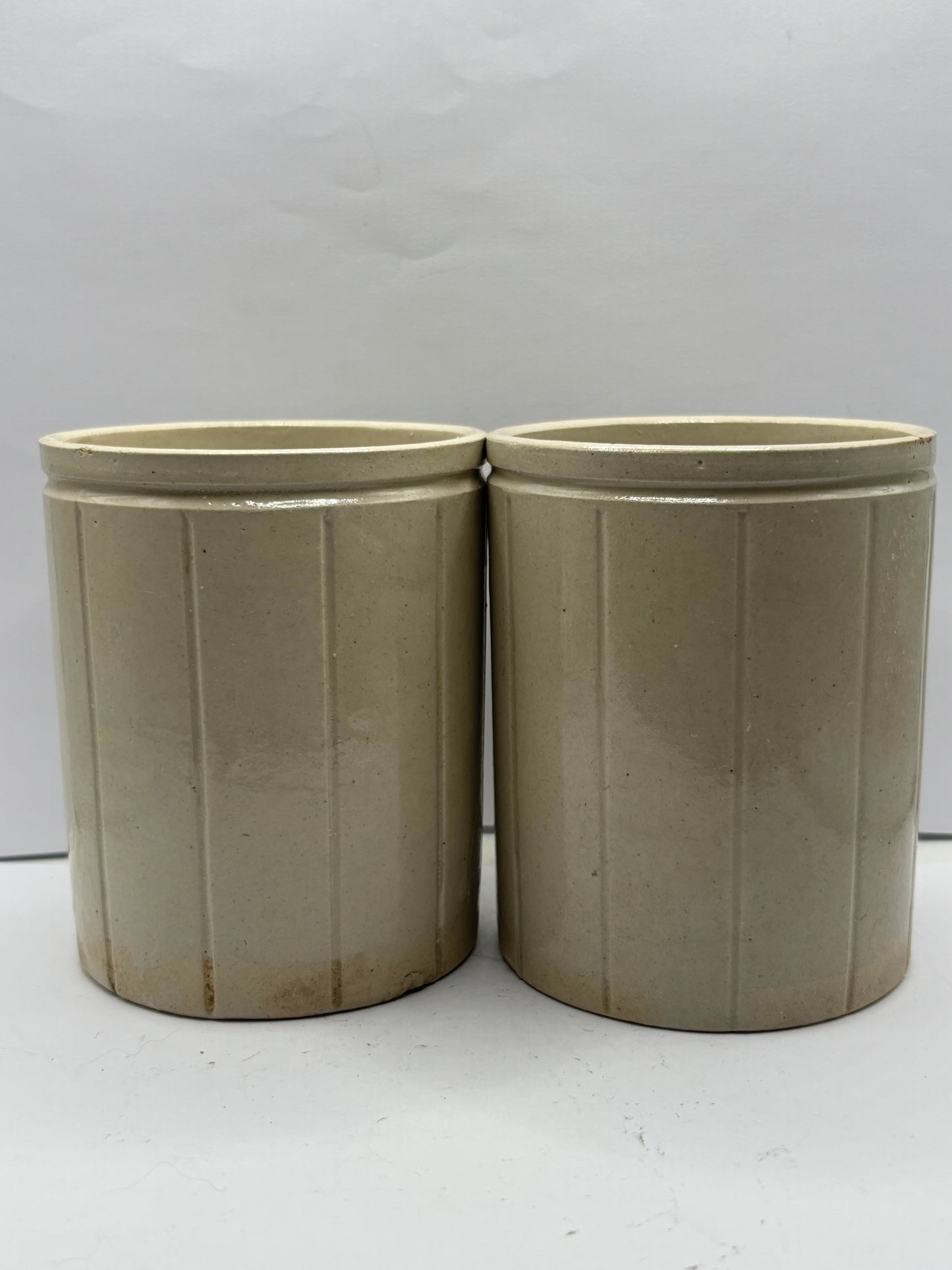 2 Old Ribbed stoneware jam pots, stamped Hartleys