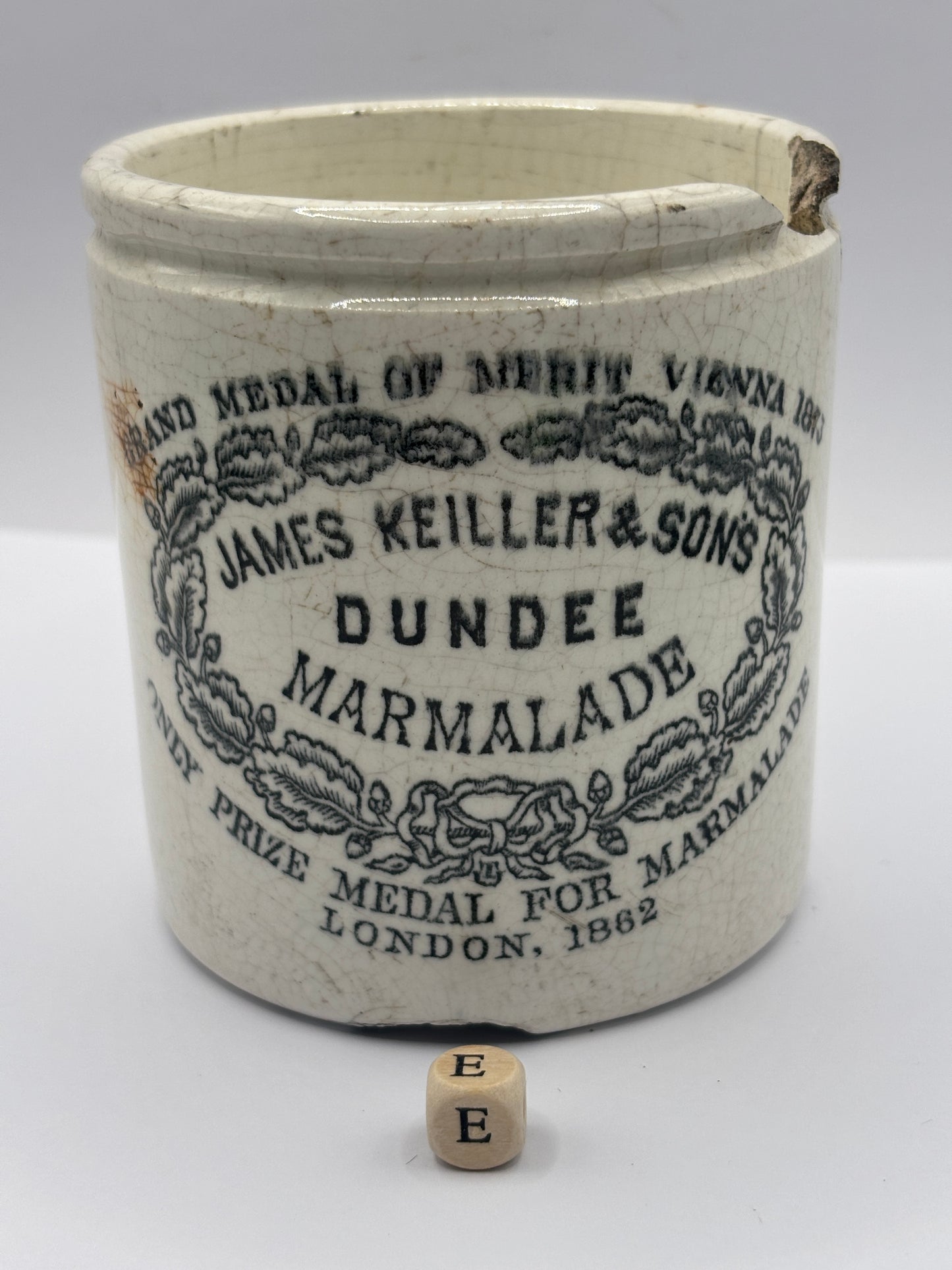 Old 1lb James Keiller Dundee marmalade Jar (E) damaged