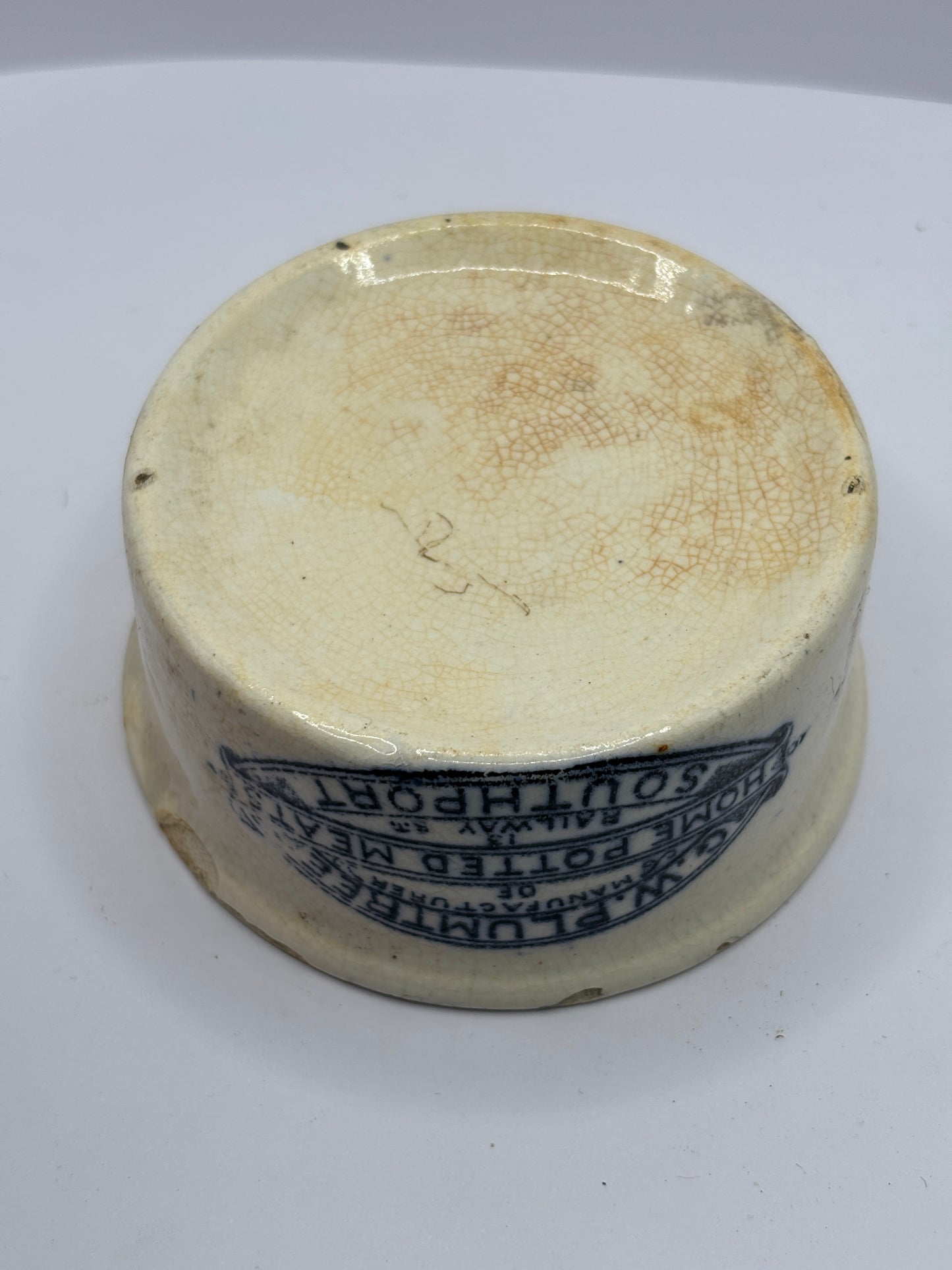 Plumtree home potted meats advertising pot. Damaged