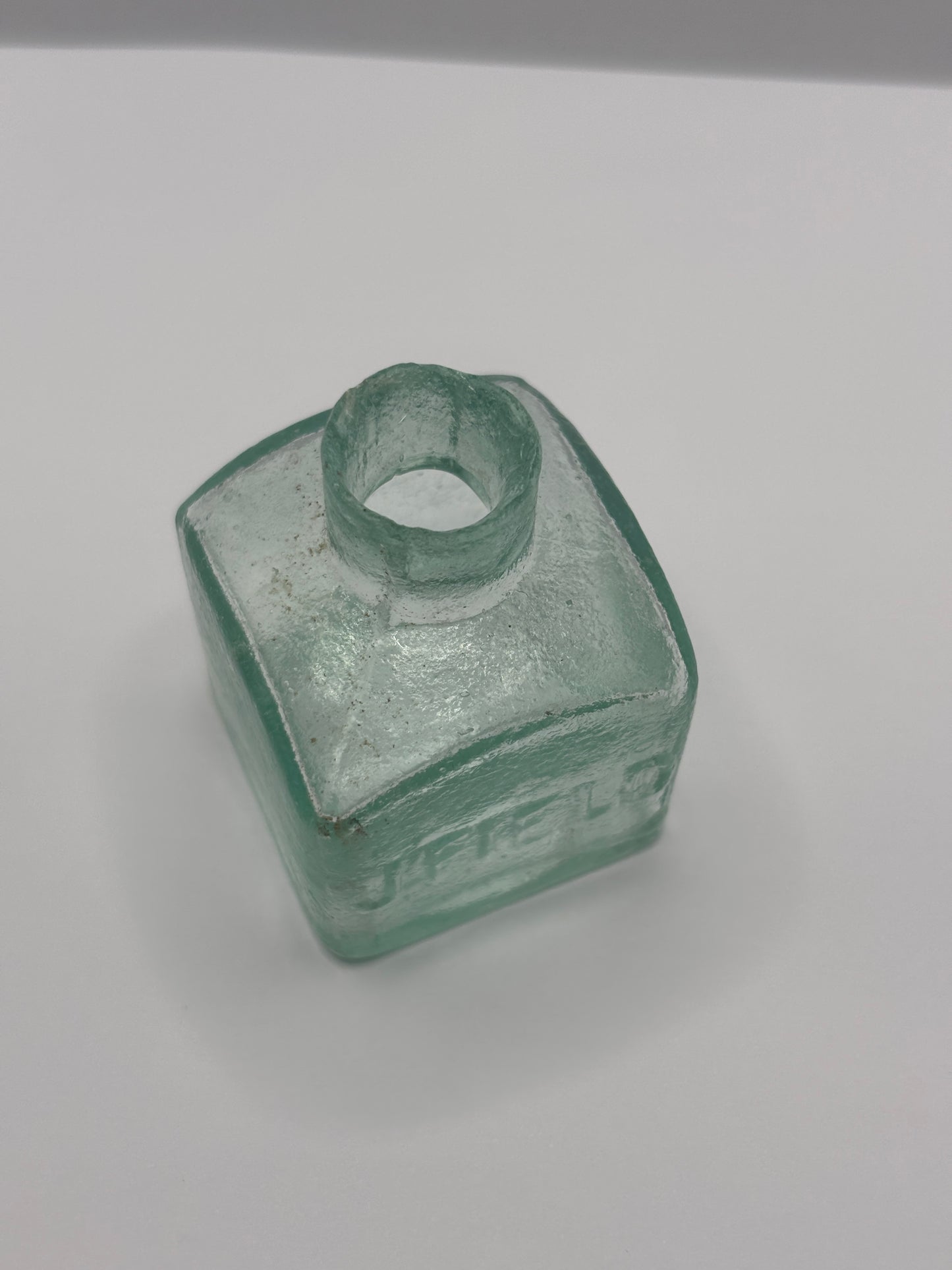 Old aqua glass advertising ink, ink bottle, inkwell. J.Field