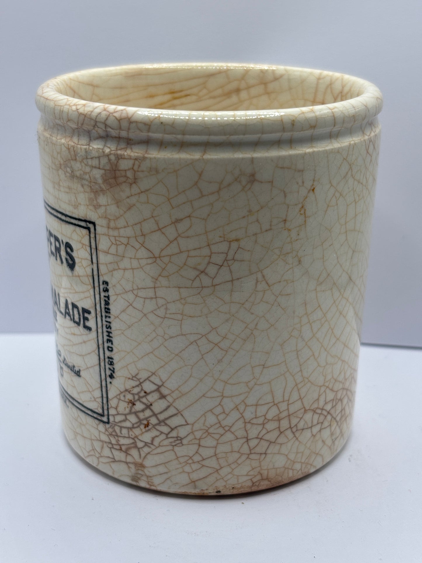 Old 1lb frank cooper marmalade jar, stained & crazed