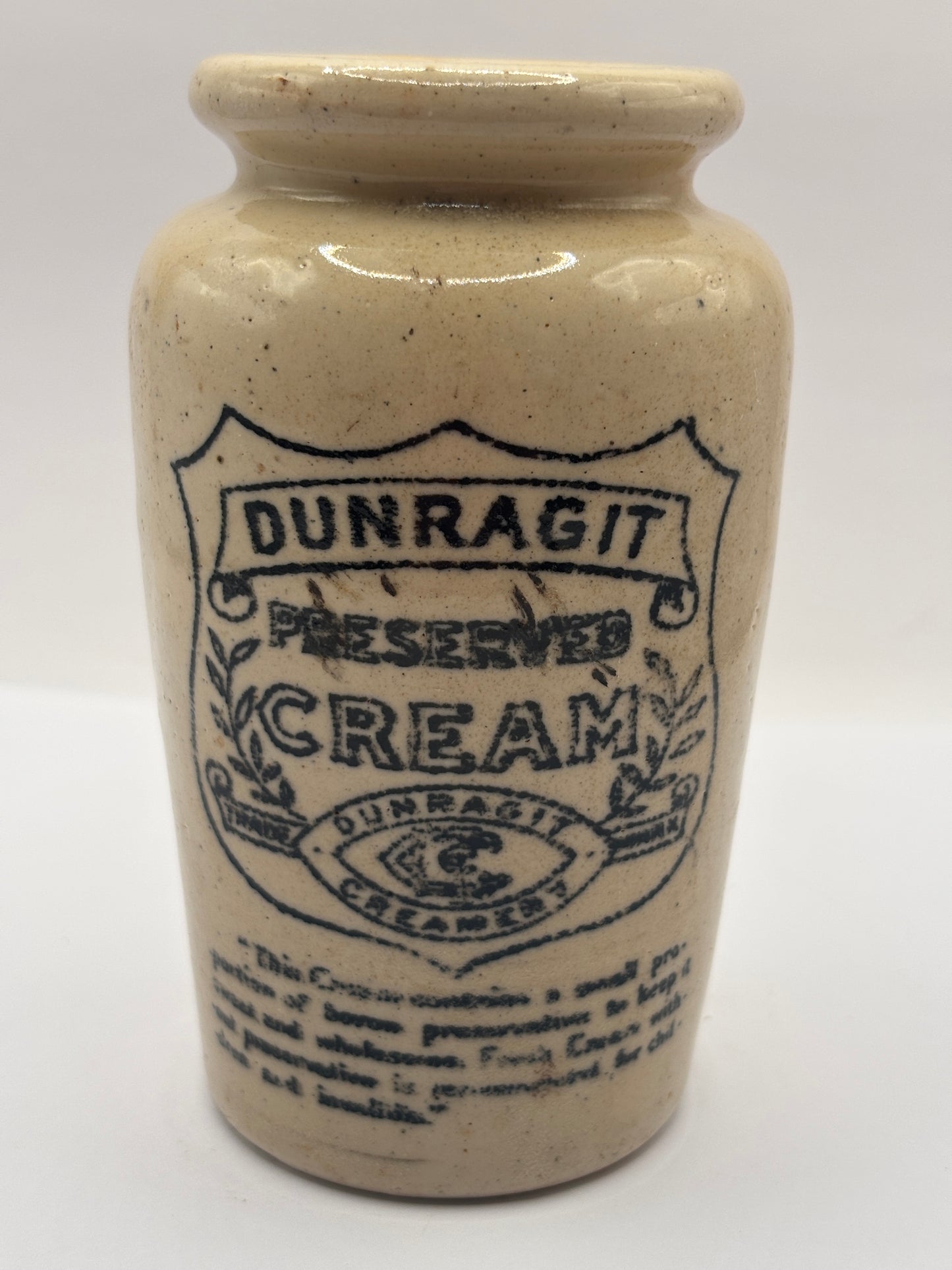 Old advertising cream pot, Dunragit preserved cream