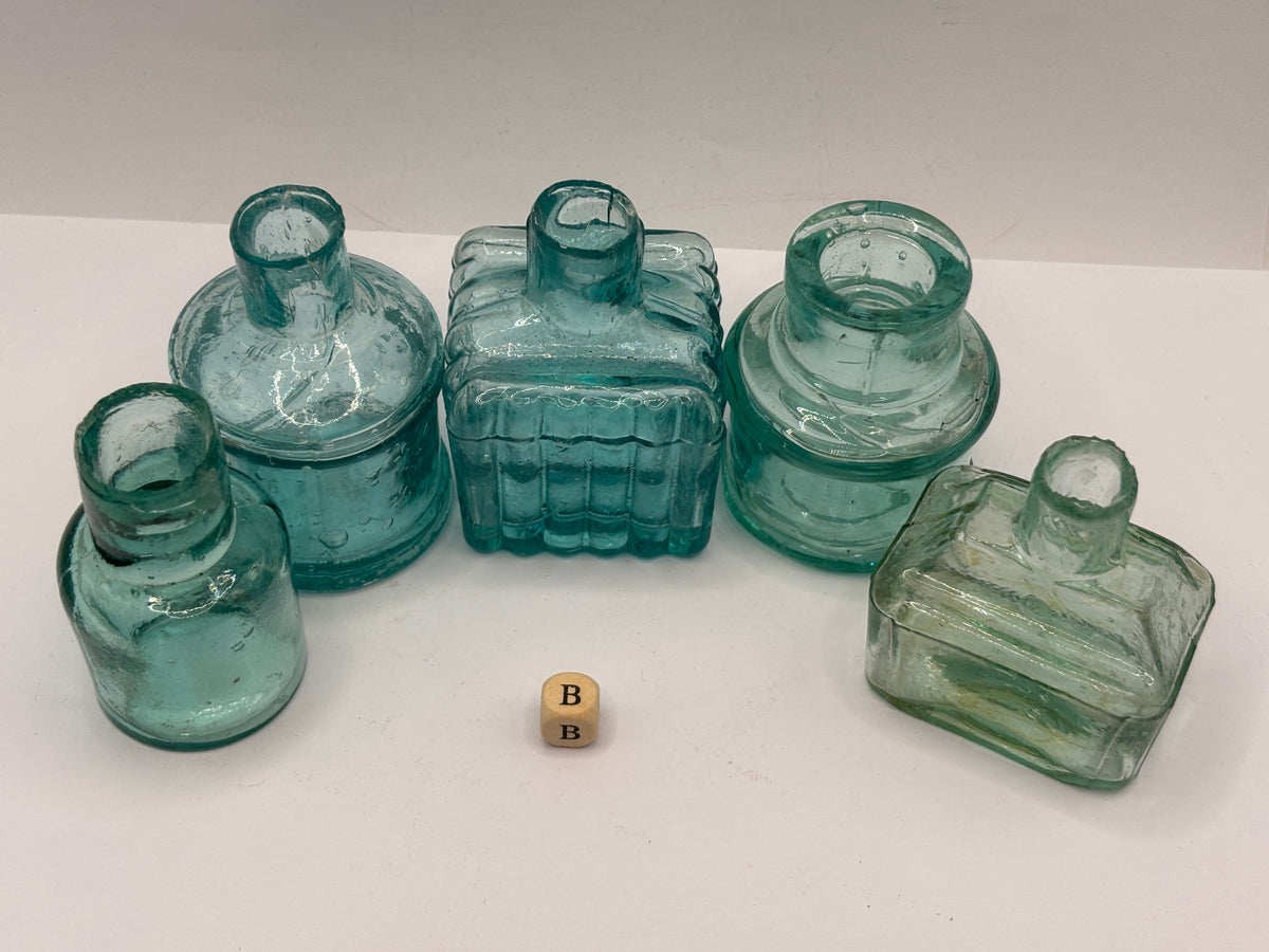 5 old aqua glass inks, inkwells, ink bottles, penny ink (B)