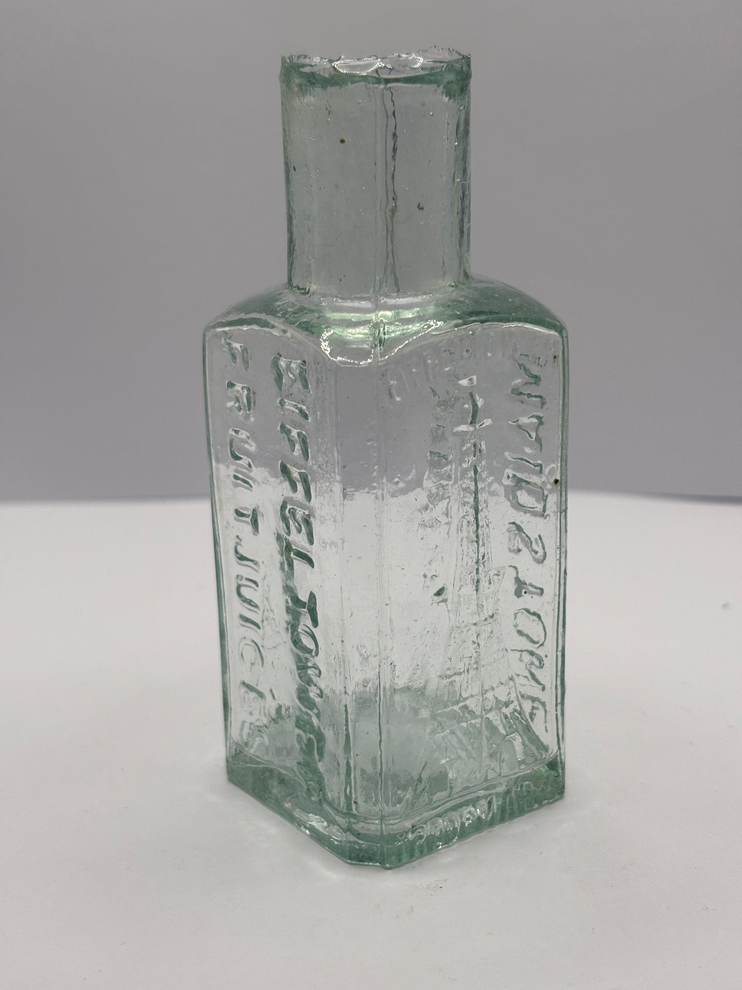 Old Eiffel tower fruit juice bottle, 4 sided graphics