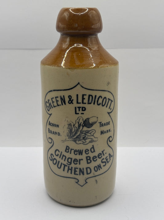 Old stoneware ginger beer bottle, Green & Ledicott brewed ginger beer. Southend on sea