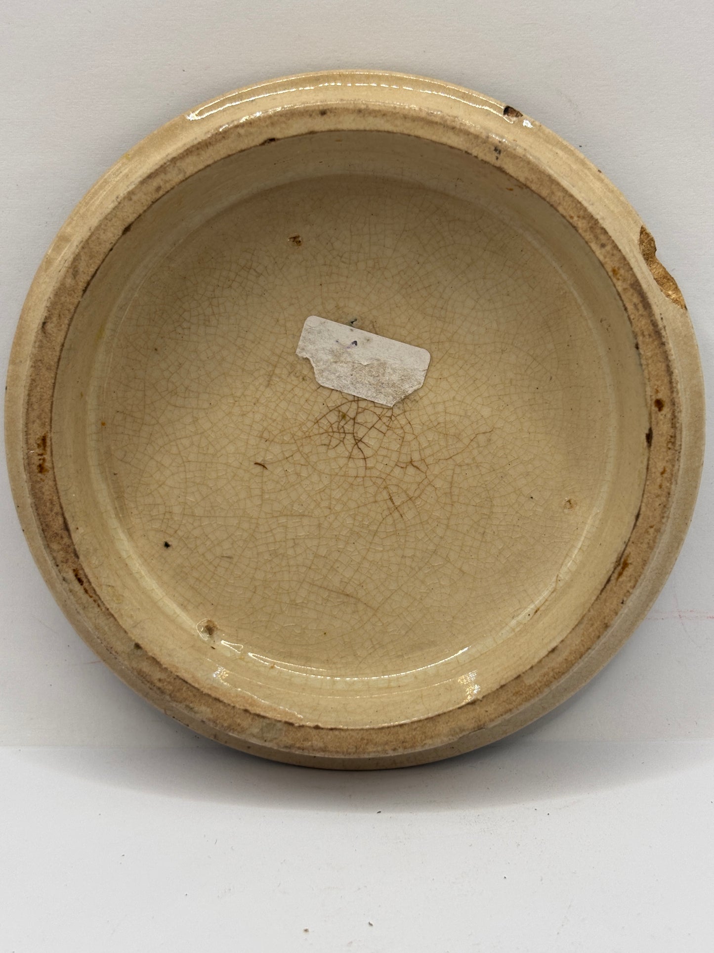 Old Prattware lid, Peace. Chipped