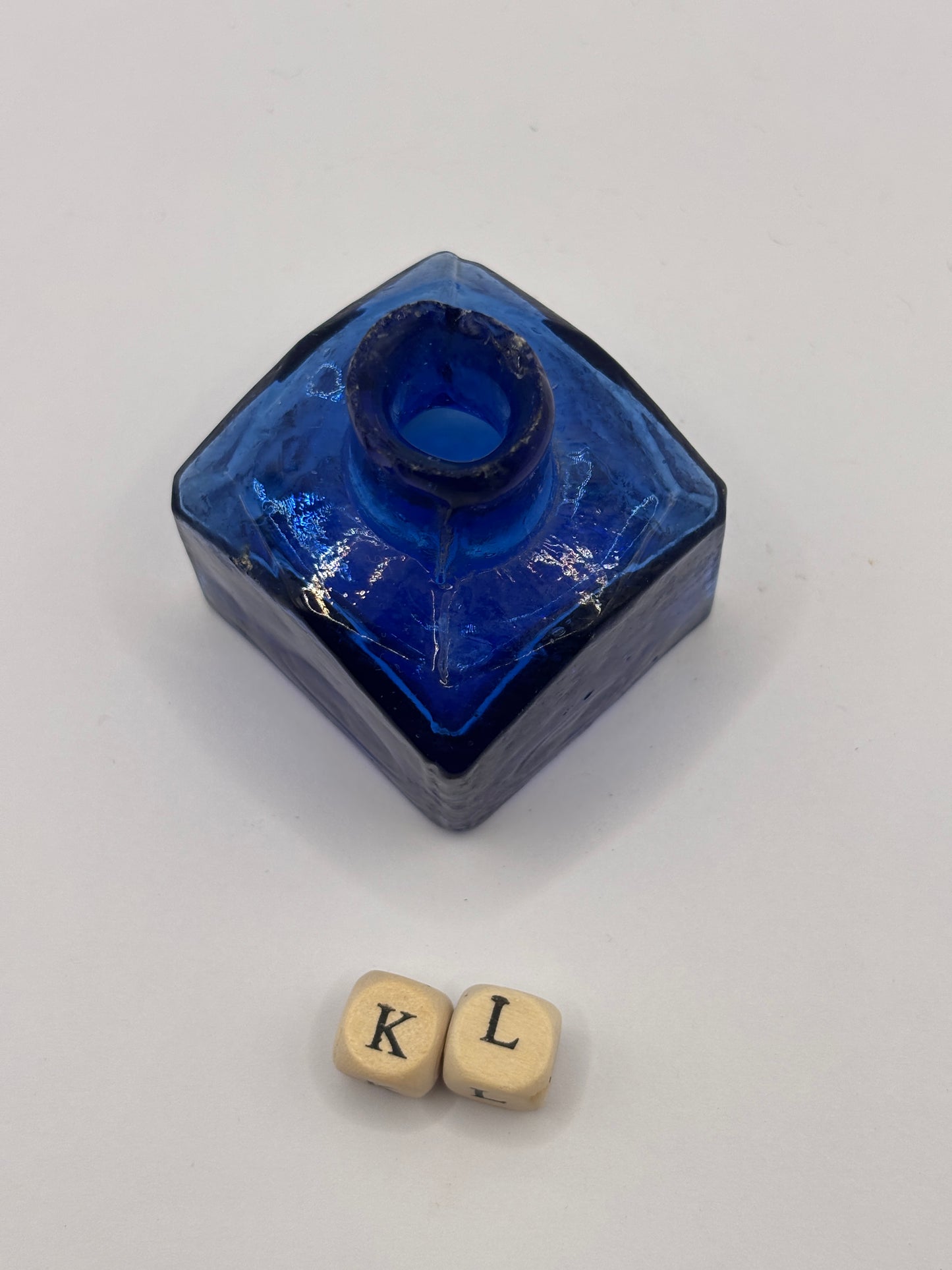 Old blue glass ink bottle, inkwell, penny ink (KL)