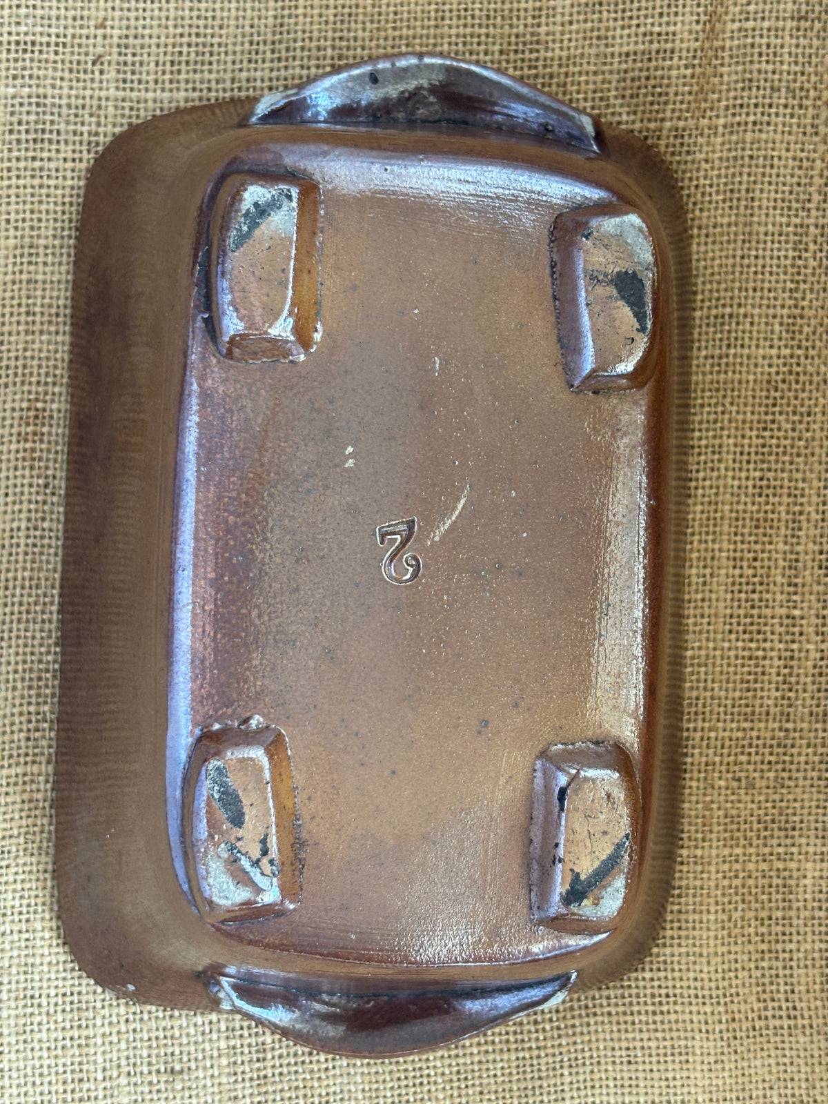 Old brown salt glaze stoneware pie dish (a)