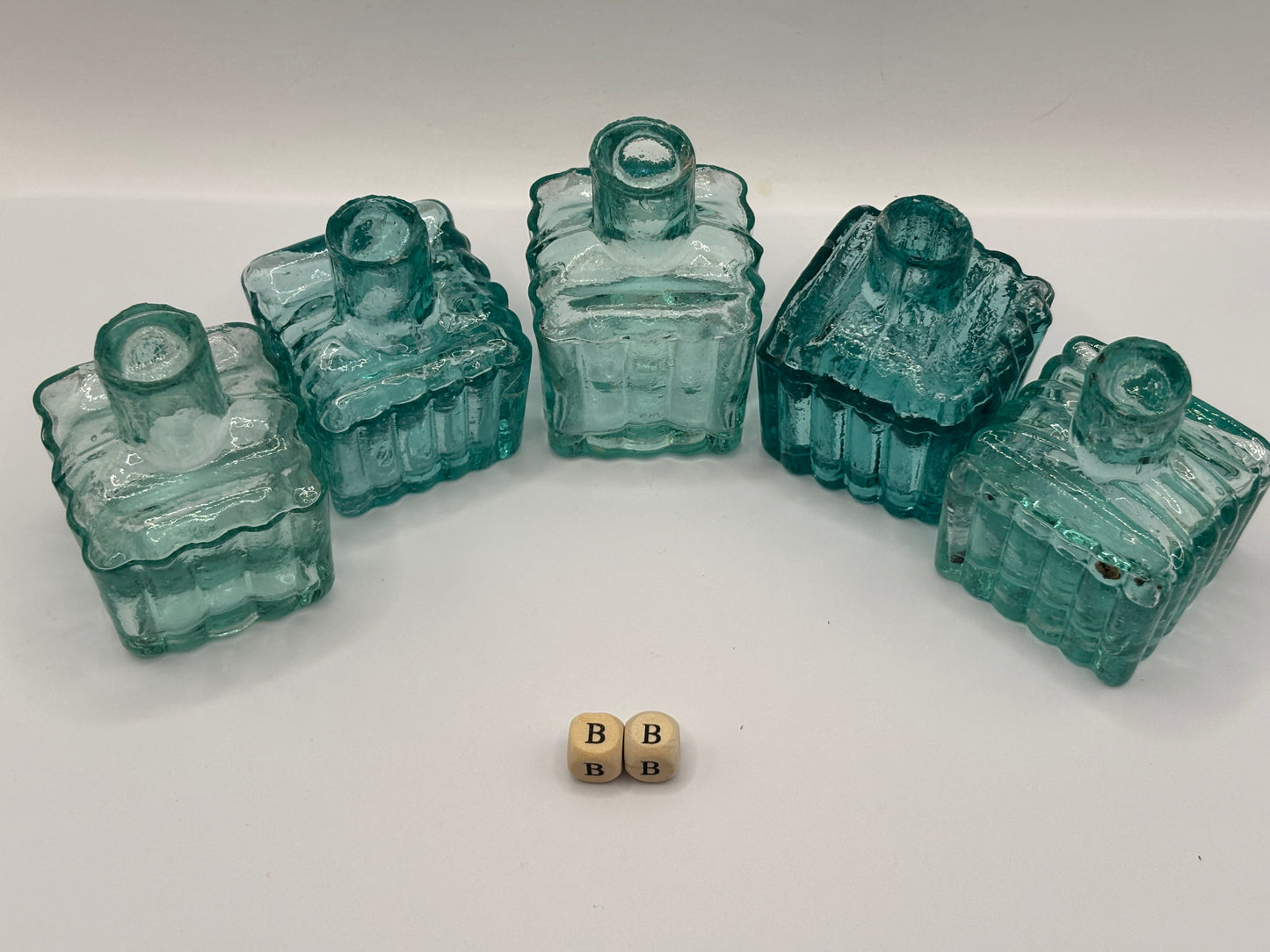 5 old glass ribbed inks, inkwells, ink bottles (BB)