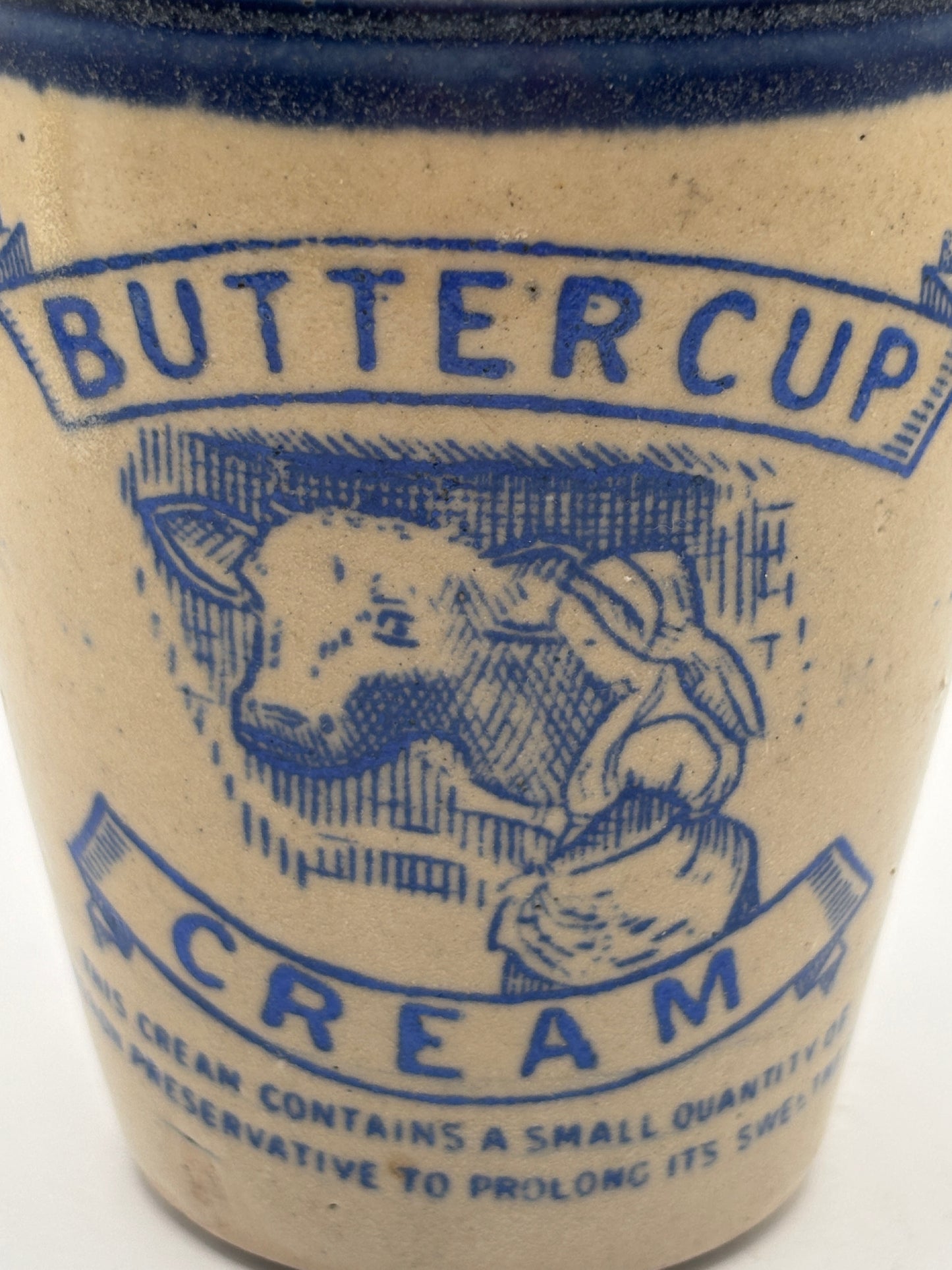 Old blue top advertising cream pot, Buttercup cream, 11.5cms