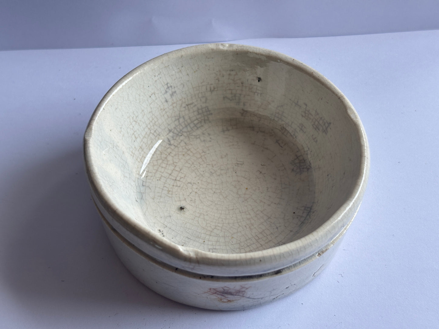 Old stained & crazed stoneware meat paste pot
