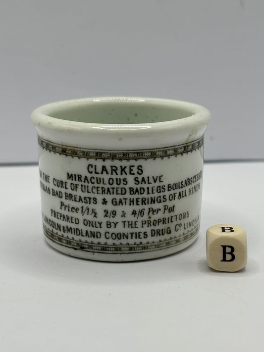 Small Clarke’s miraculous salve advertising ointment pot (b)