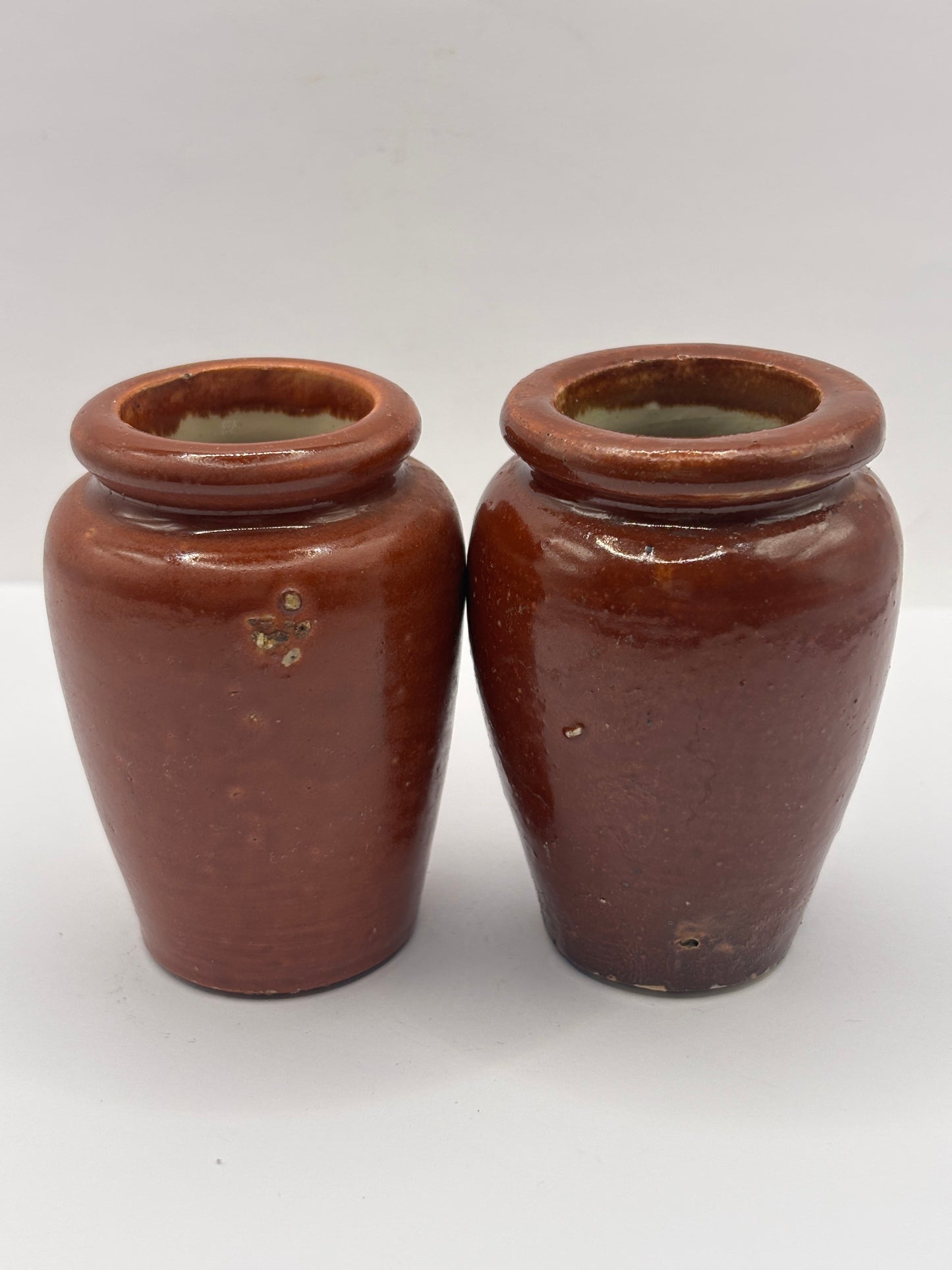 2 old small brown stoneware cream pots
