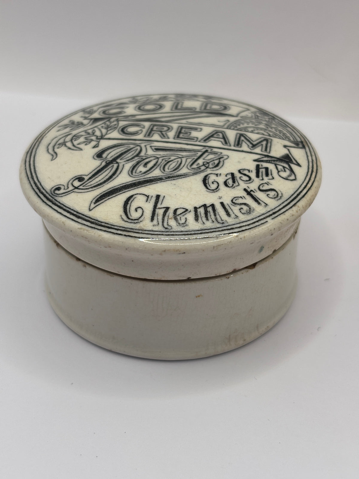 Old advertising lid and base, Boots cold cream
