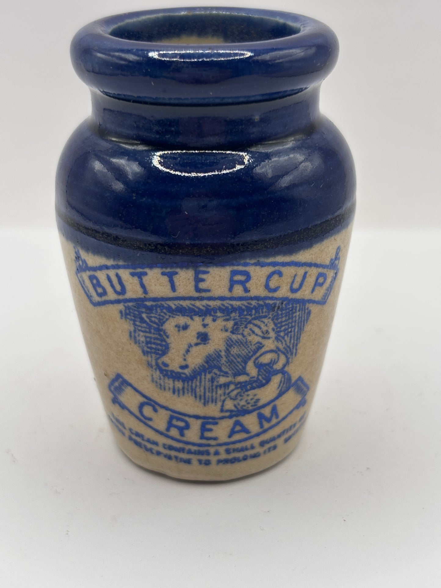 Old small size blue top advertising cream pot, Buttercup cream, 7.5cms