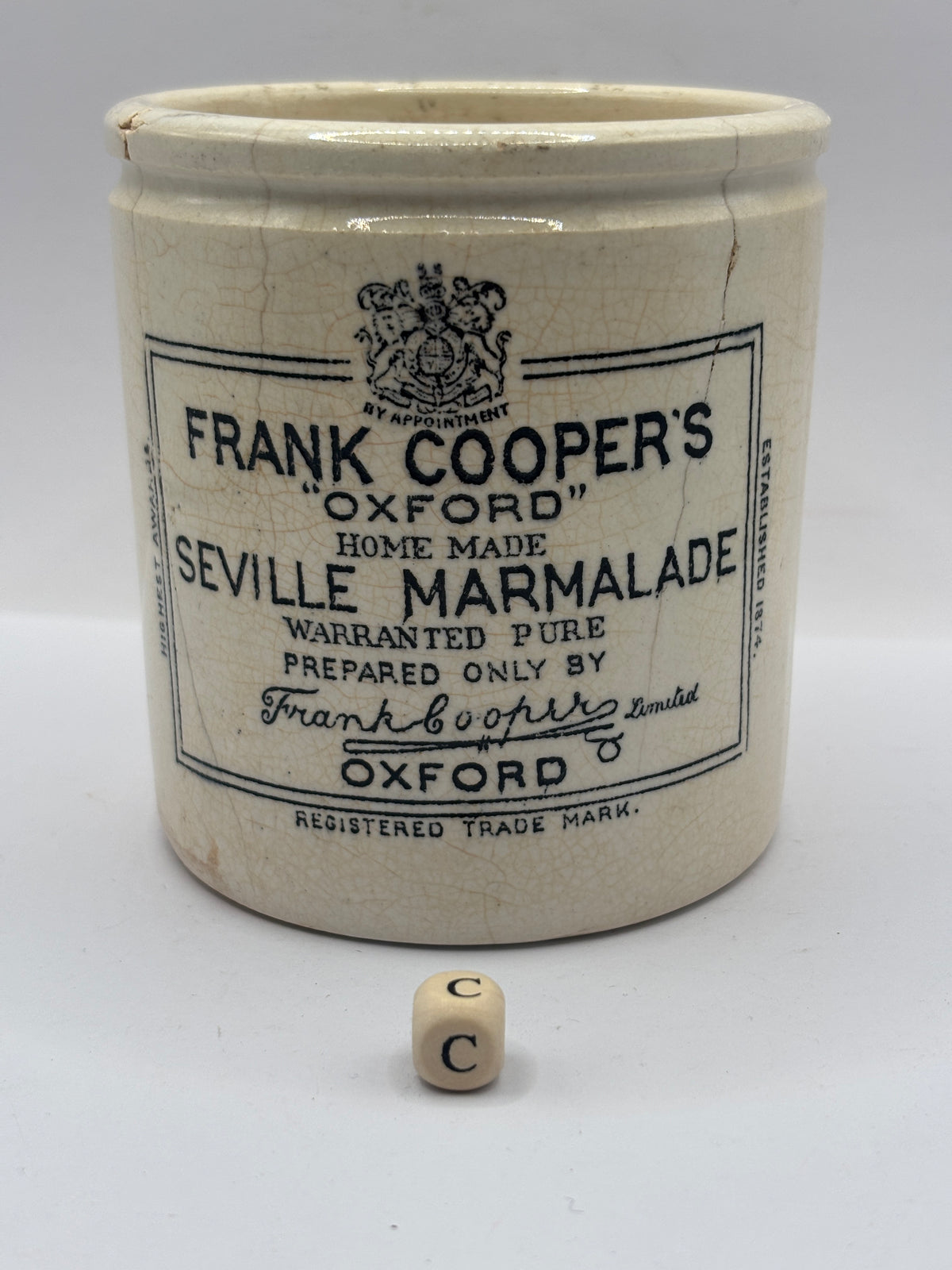 Old 1lb stoneware marmalade pot, Frank Coopers. Damaged (c)