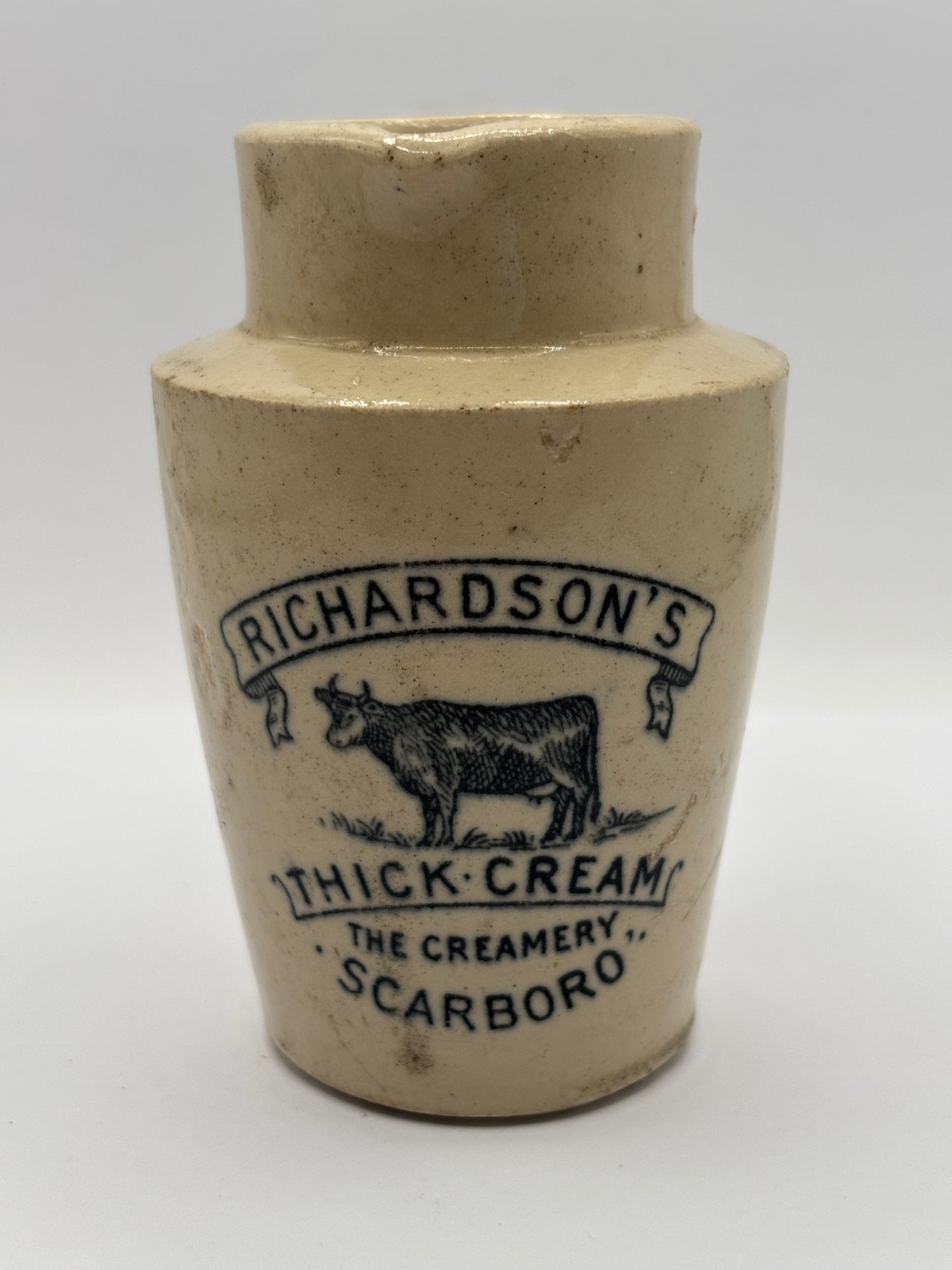 Old advertising cream pot, Richardsons thick cream. The creamery Scarboro. With handle
