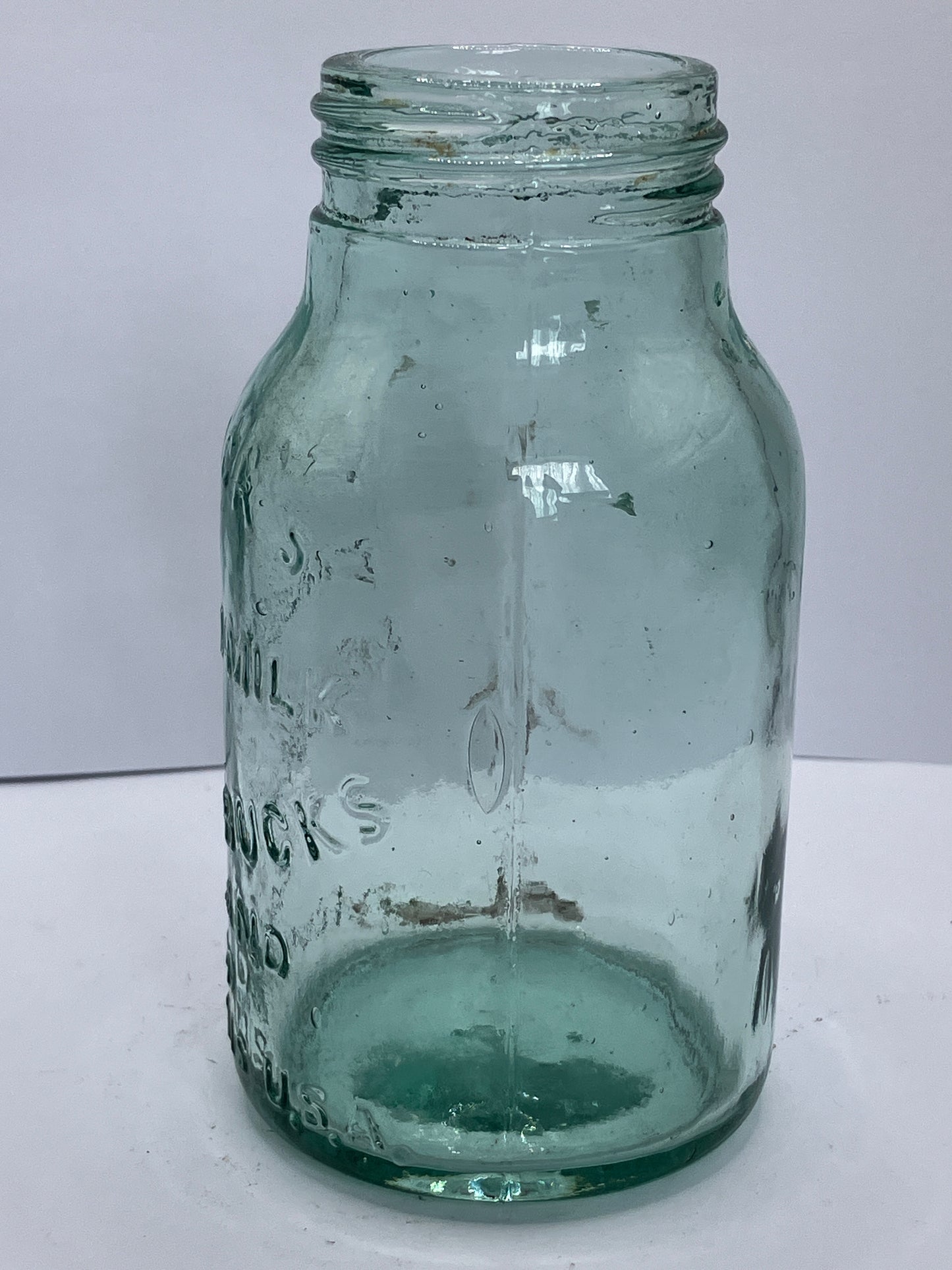 Small aqua glass Horlicks jar