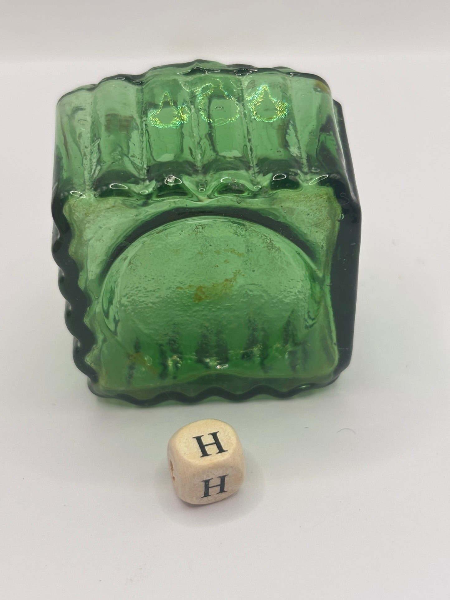 Old green glass ink bottle, inkwell, penny ink (H)