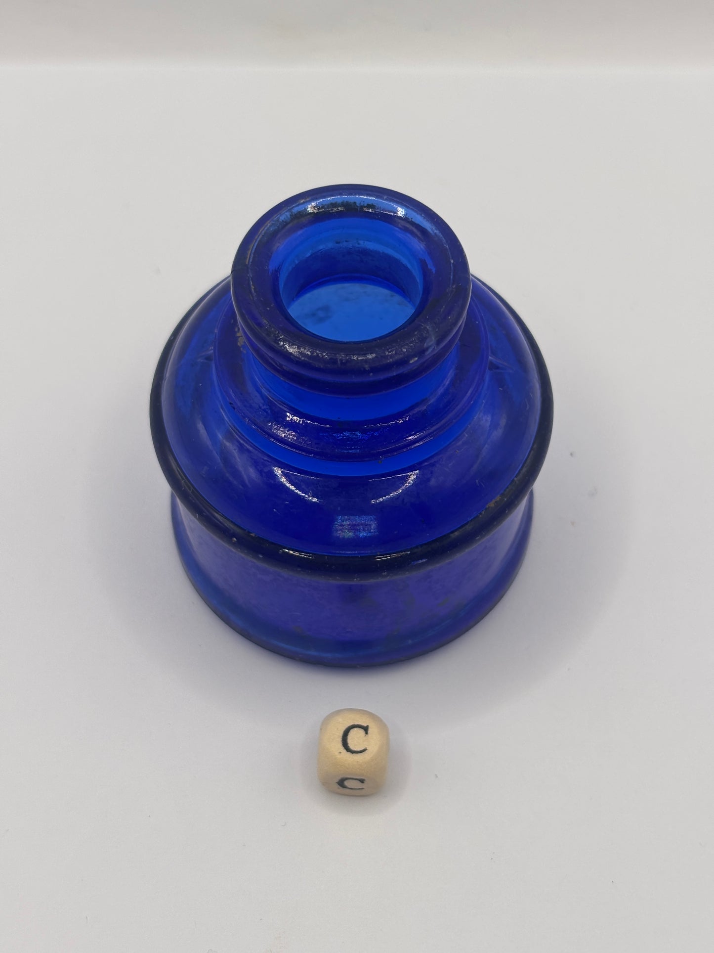 Old blue glass ink bottle, inkwell, penny ink (c)