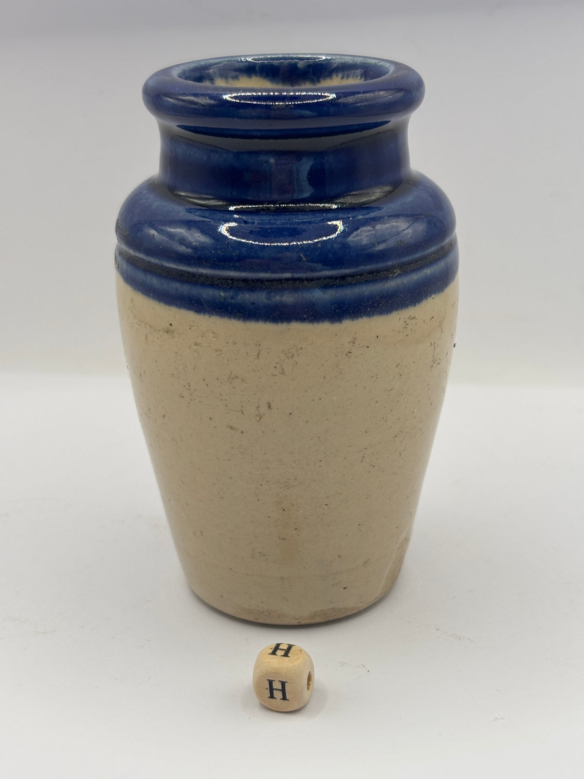 Old blue top advertising cream pot, Buttercup cream, cow & milk maid (H)