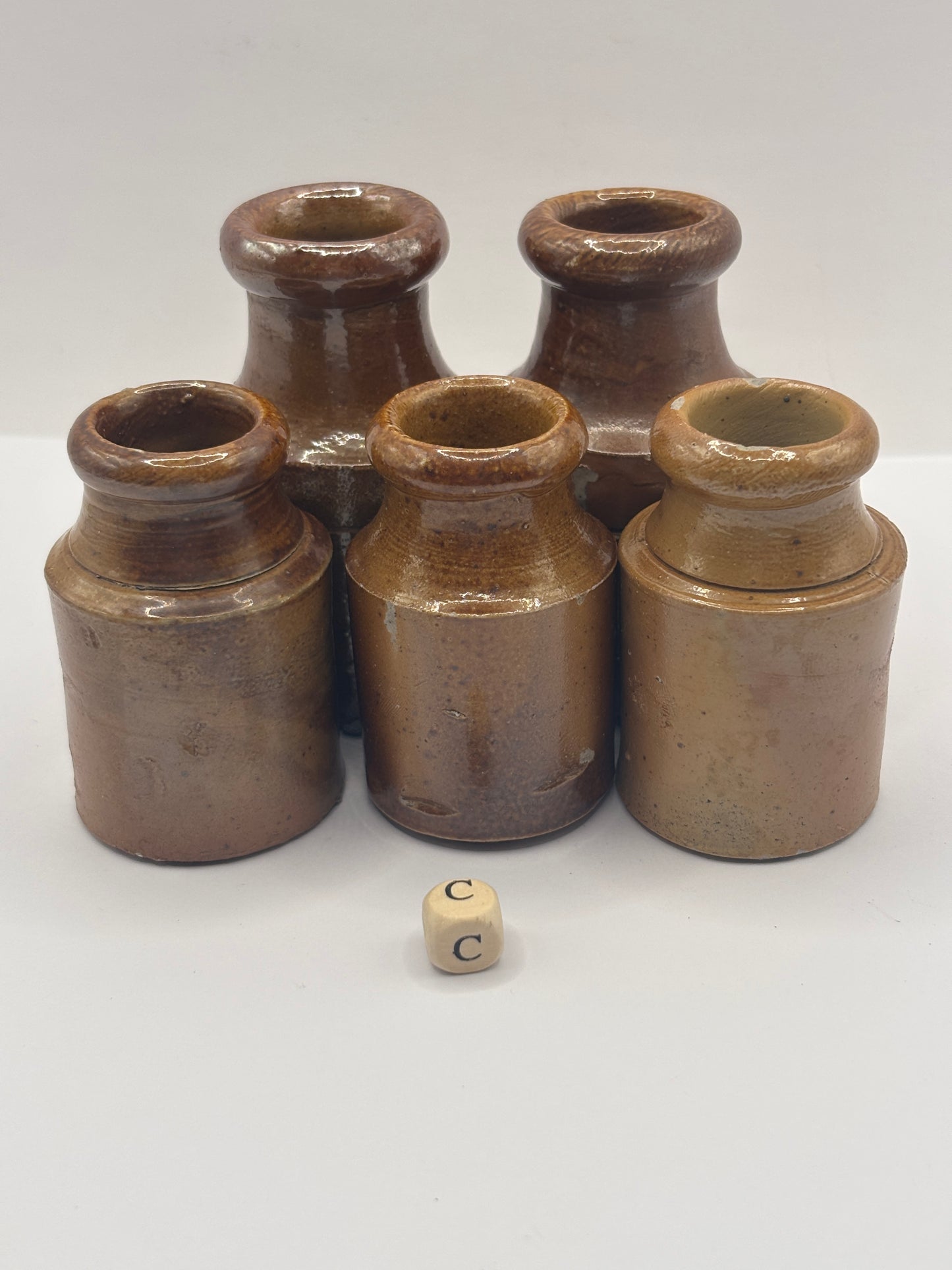 5 old brown stoneware jars & pots (c)