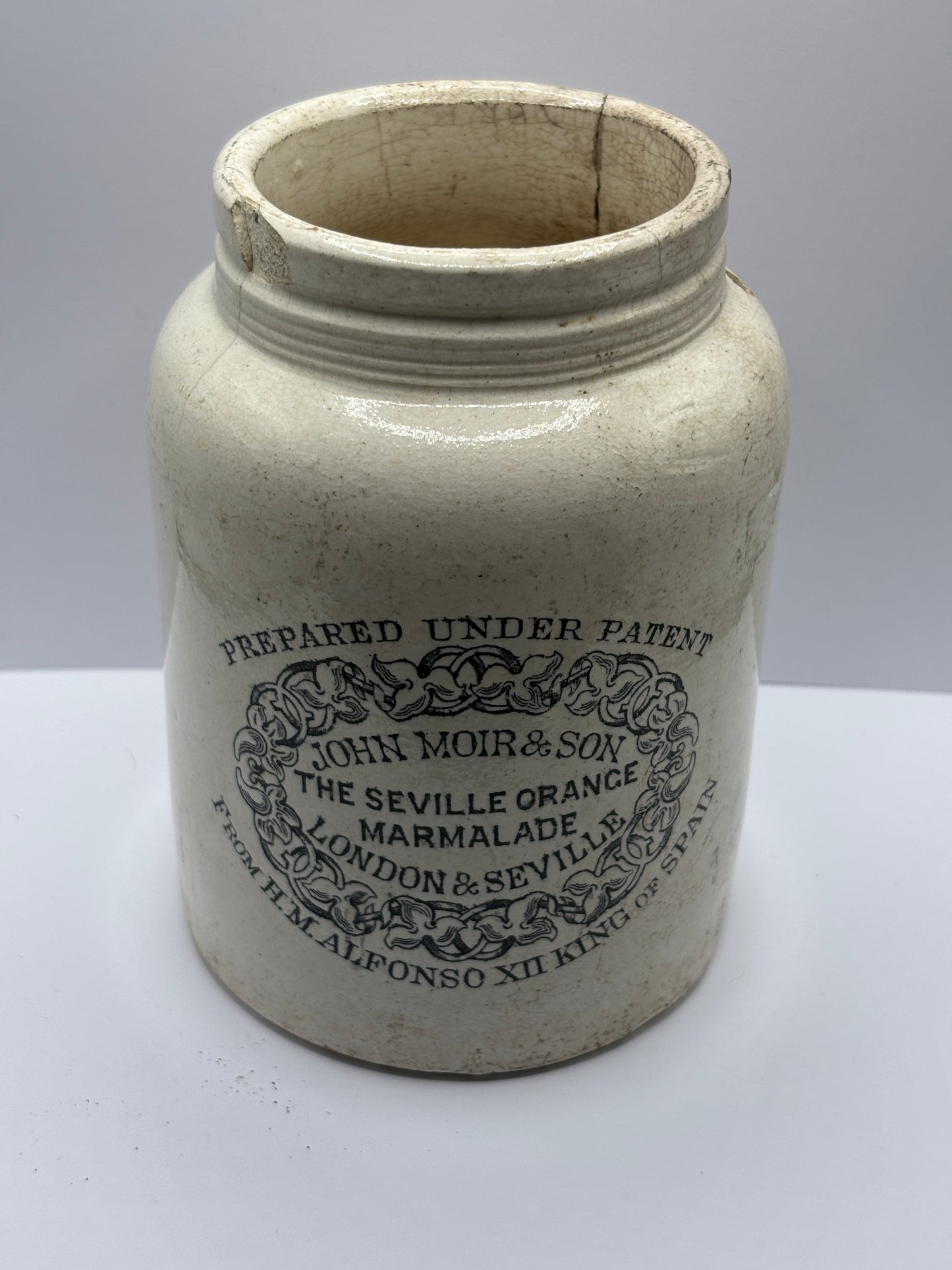 Old rare 2lb John Moir marmalade jar, The seville orange marmalade. Damaged