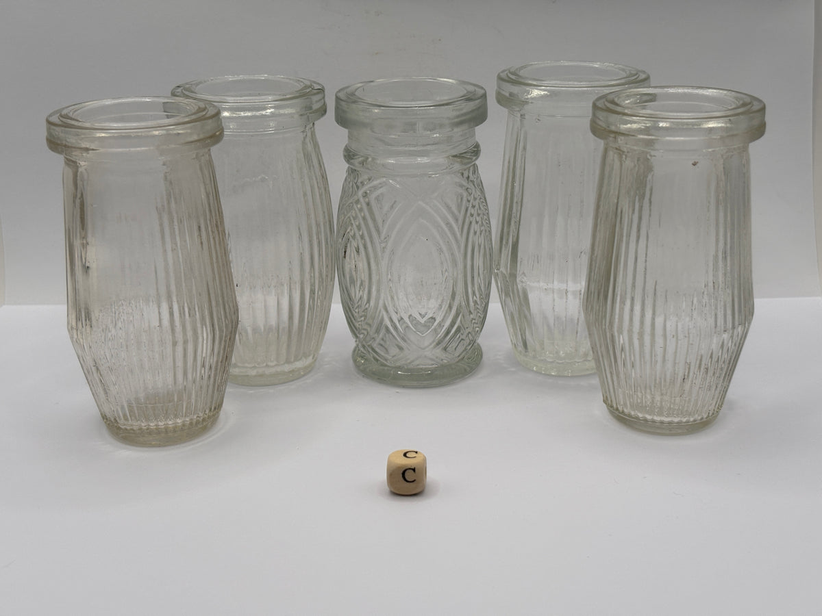 5 old clear glass meat paste jars (c)