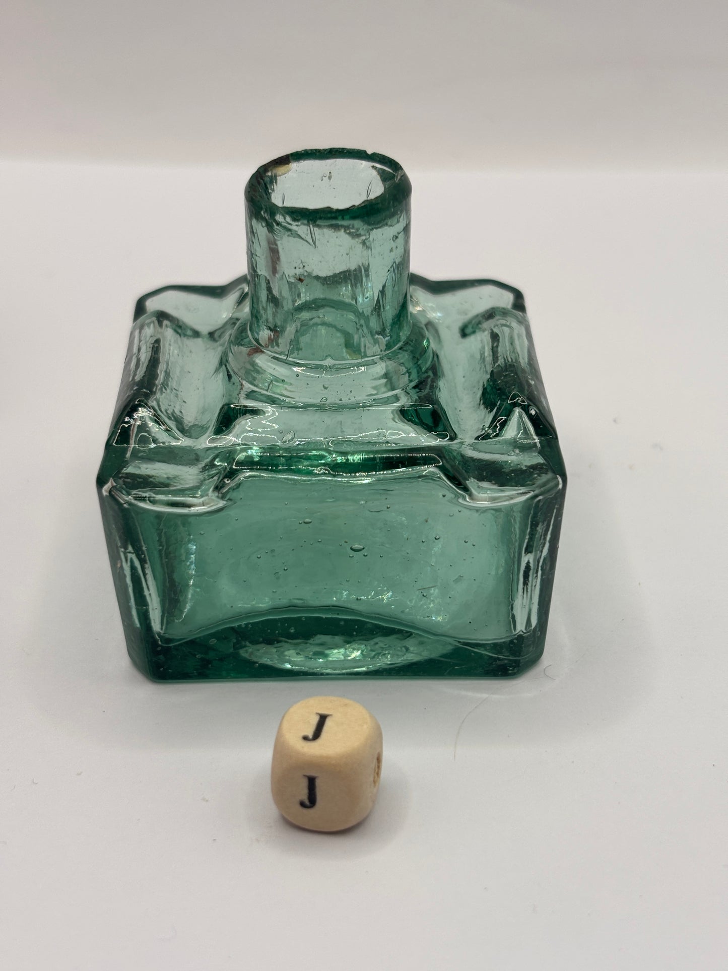 Old aqua glass inkwell, ink bottle (J)