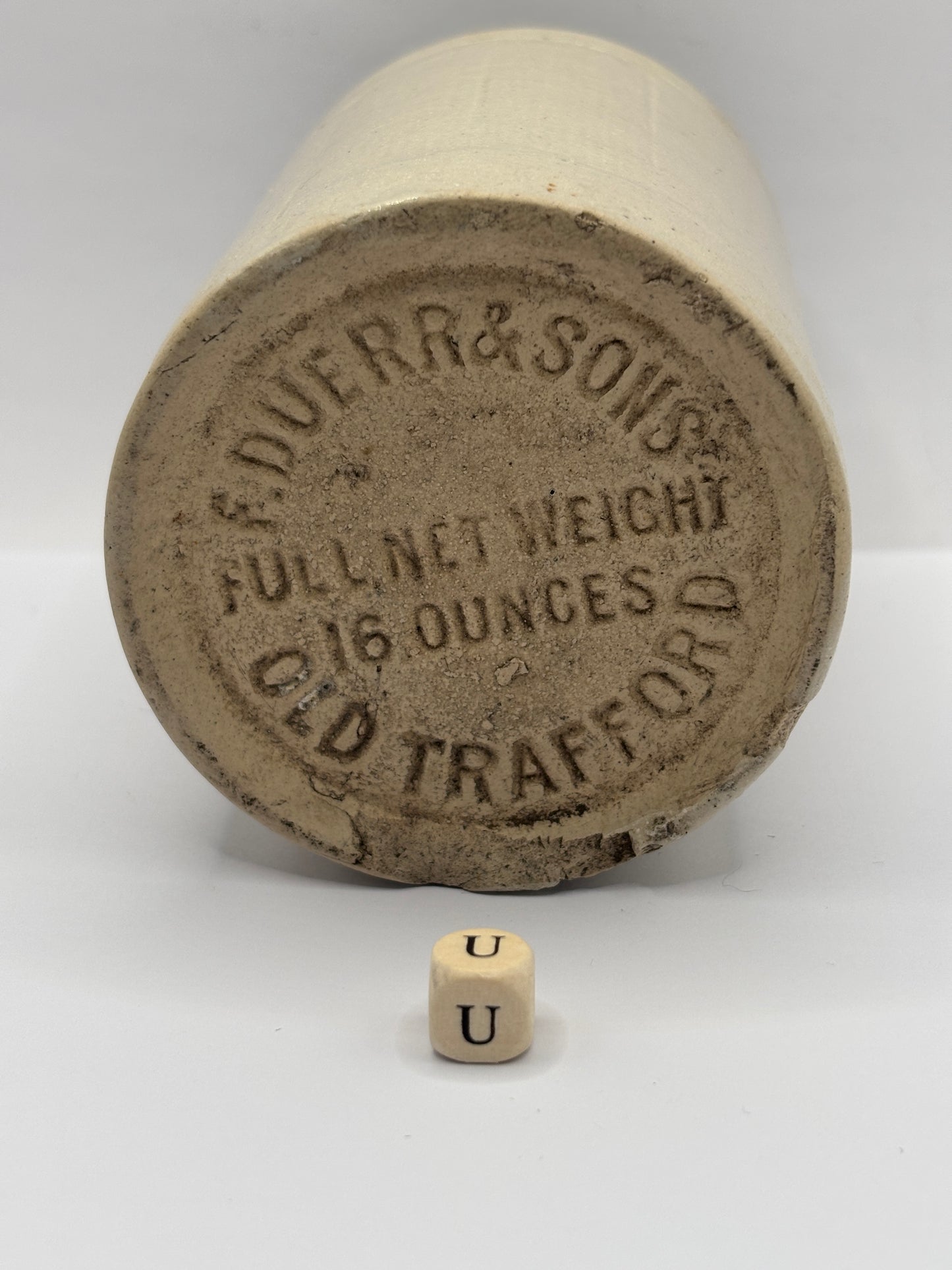 Old 1lb advertising ribbed stoneware jam pot (u) F.Duerr & sons