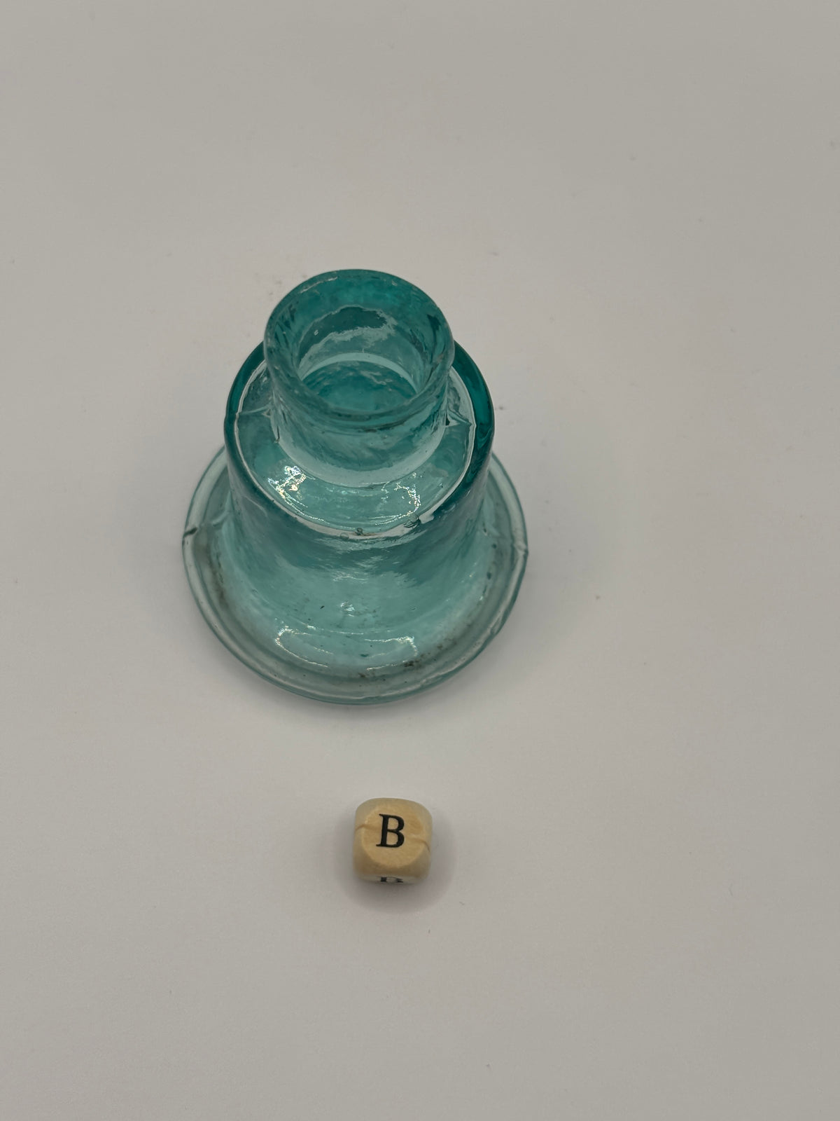 Old aqua glass inkwell, Bell ink. Ink bottle (B) Stephens ink
