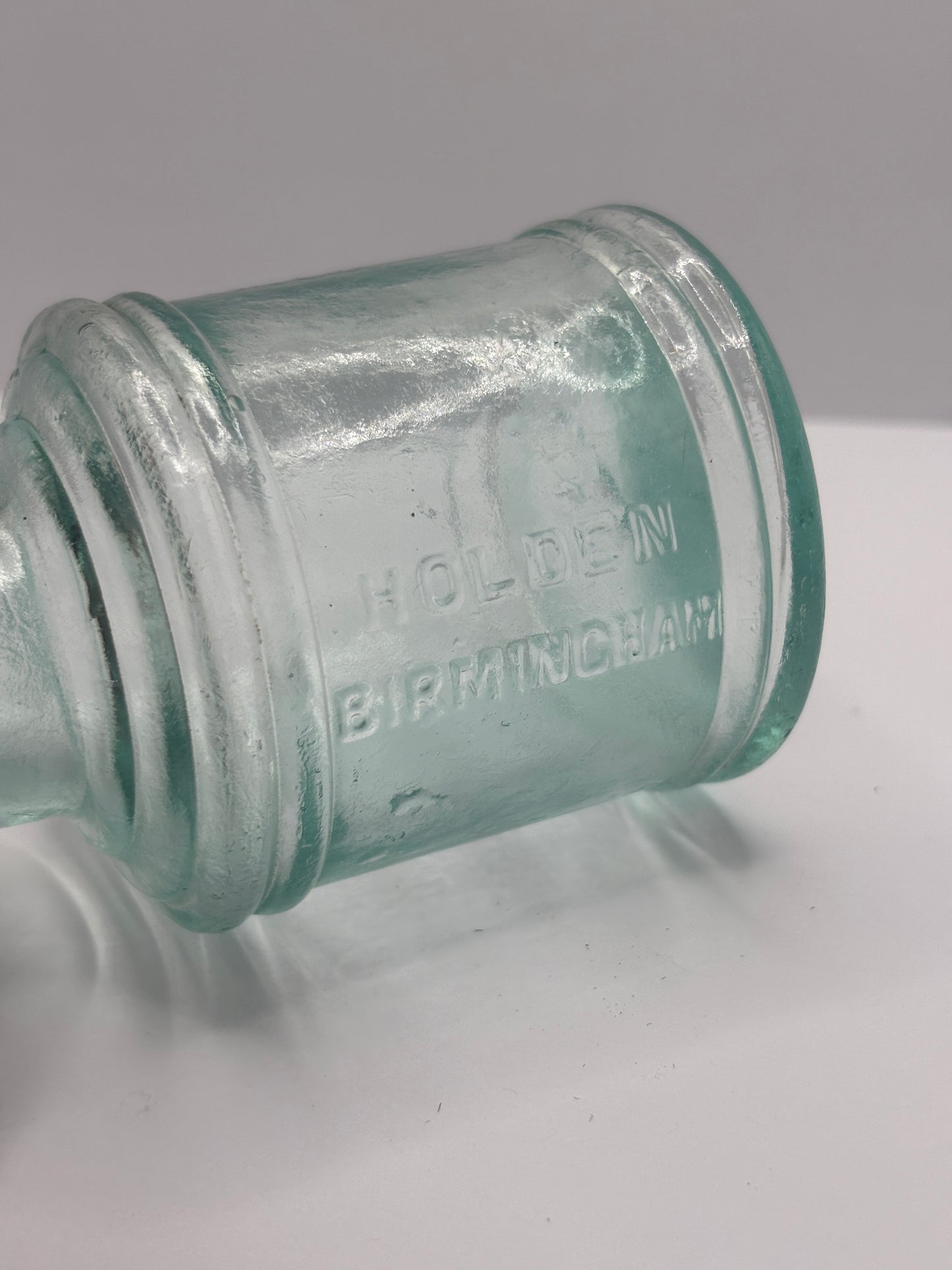 Old aqua glass advertising ink, ink bottle, inkwell. Holden Birmingham