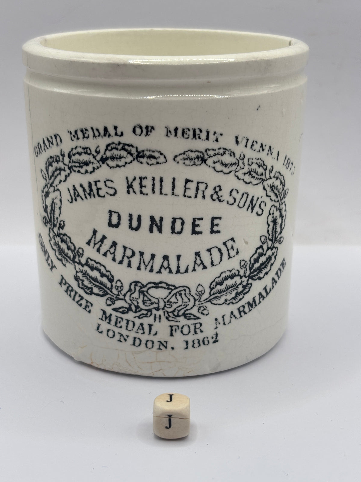 Old 1lb stoneware marmalade pot, James Keiller Dundee marmalade (J)