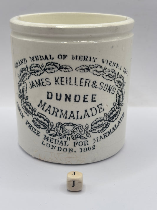 Old 1lb stoneware marmalade pot, James Keiller Dundee marmalade (J)