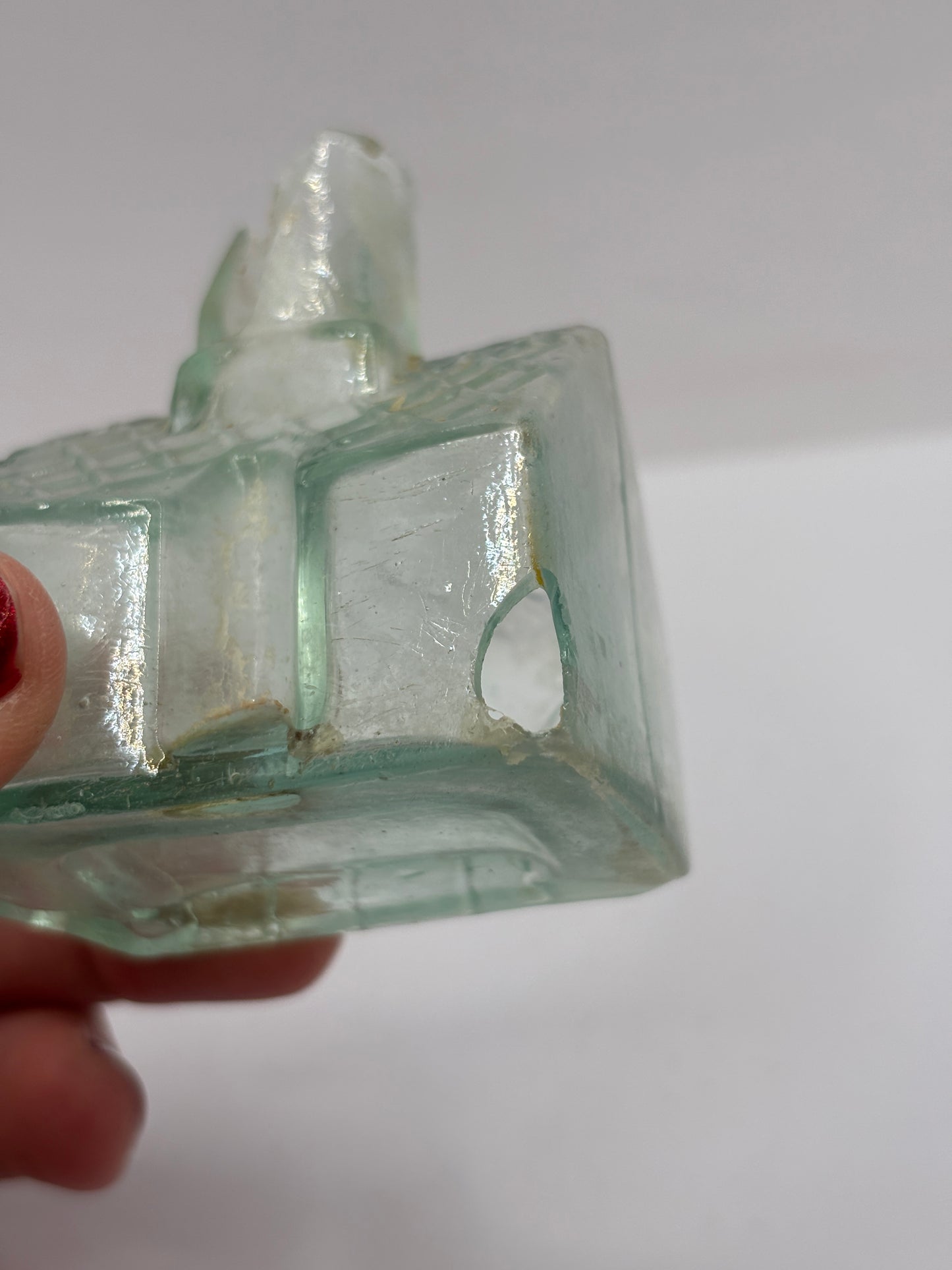 Old aqua glass cottage ink, ink bottle. Inkwell (ST) DAMAGED