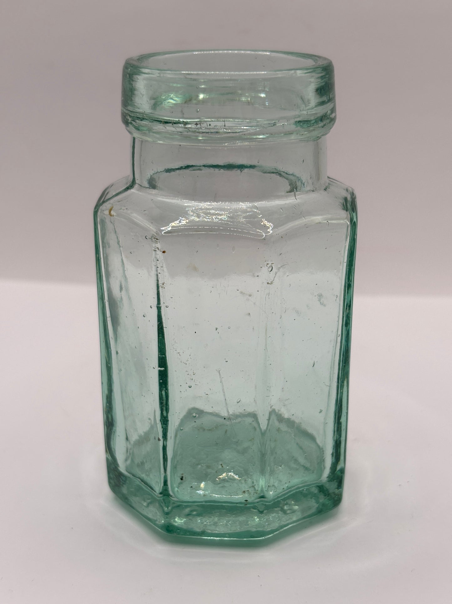 Old aqua glass mini pickle jar 11cms
