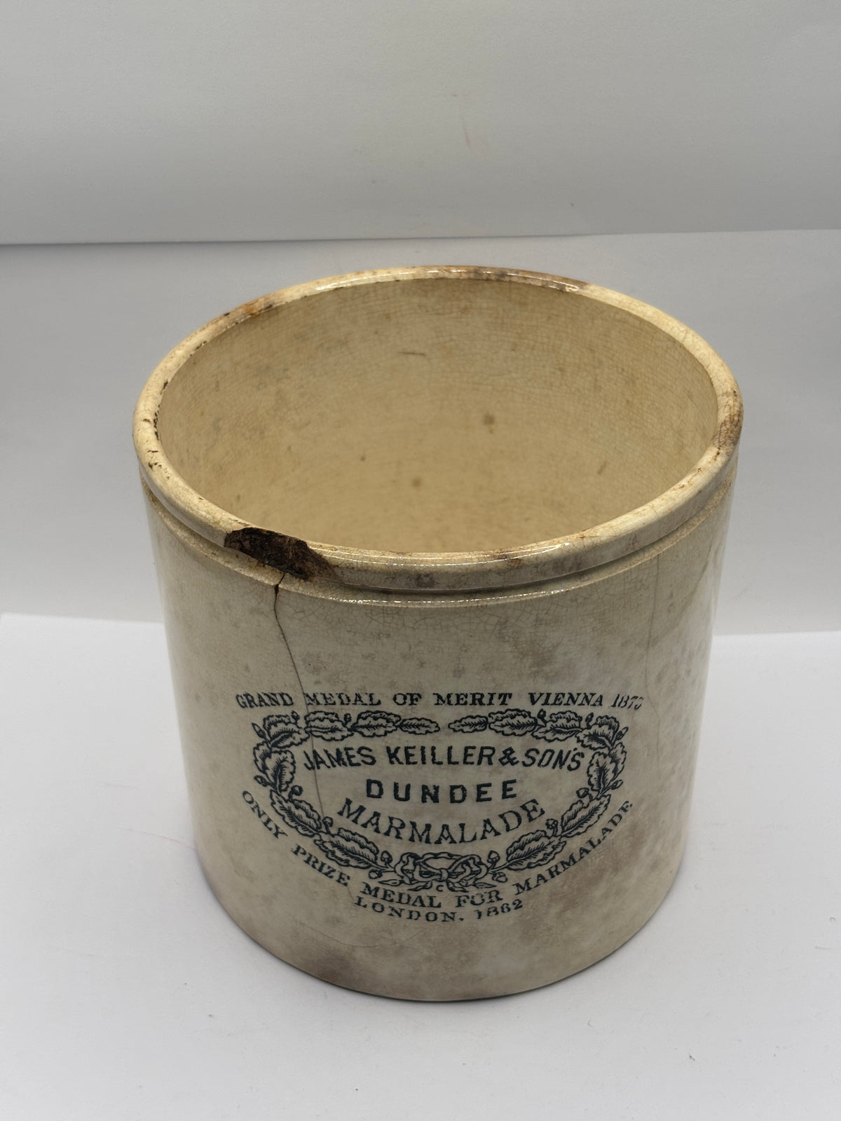 Huge Rare 4lb stoneware marmalade pot, James Keiller Dundee marmalade. Damaged