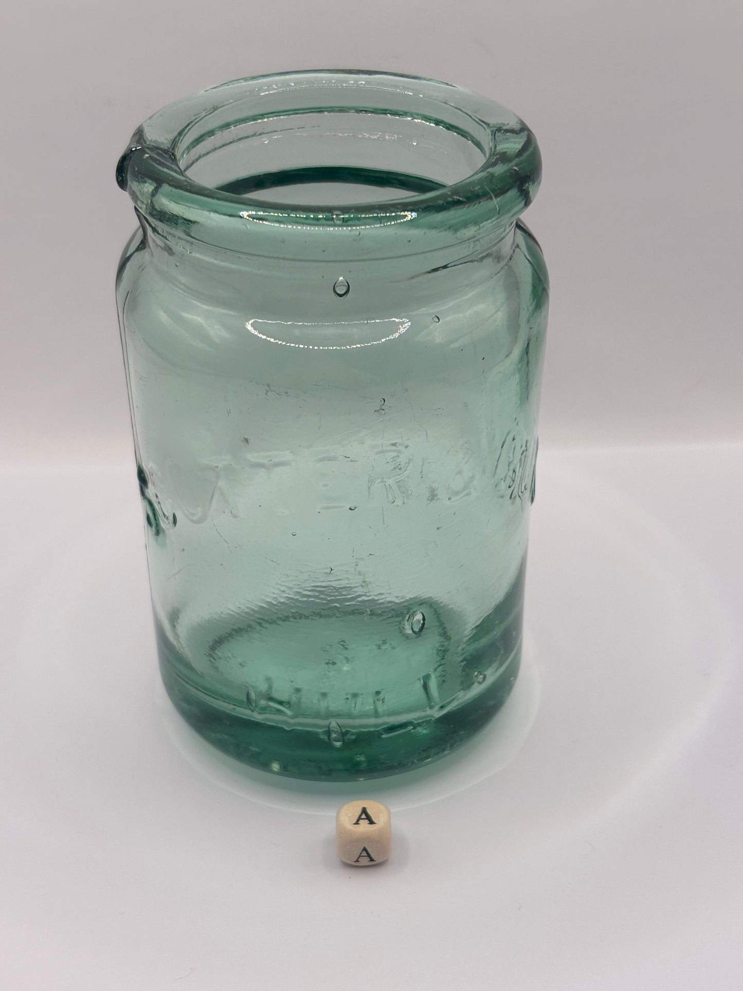 Old 1lb aqua glass advertising pickle jar (a) Scotter & son Hull
