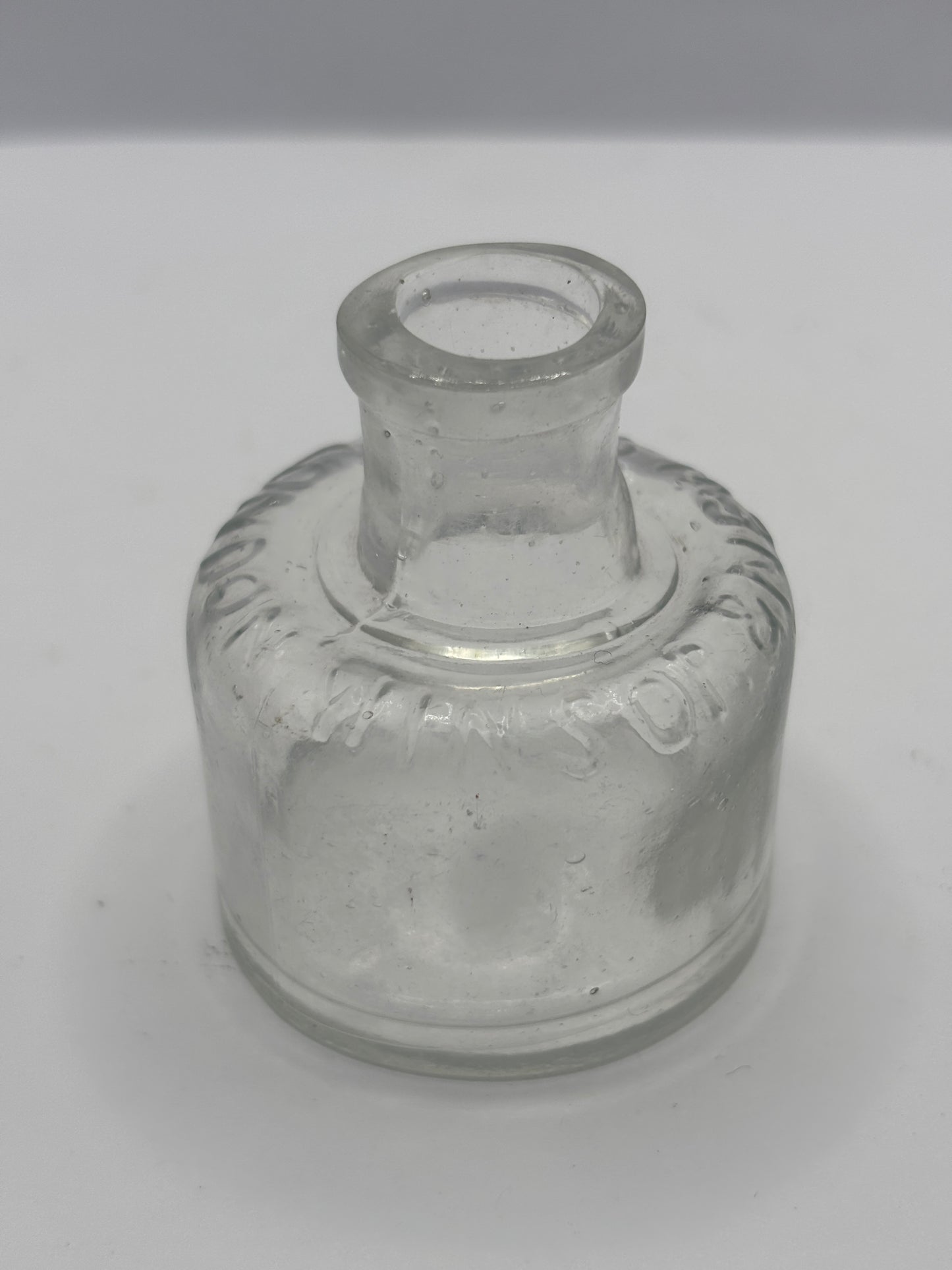Old clear glass advertising ink, ink bottle, inkwell. Winsor & Newton London