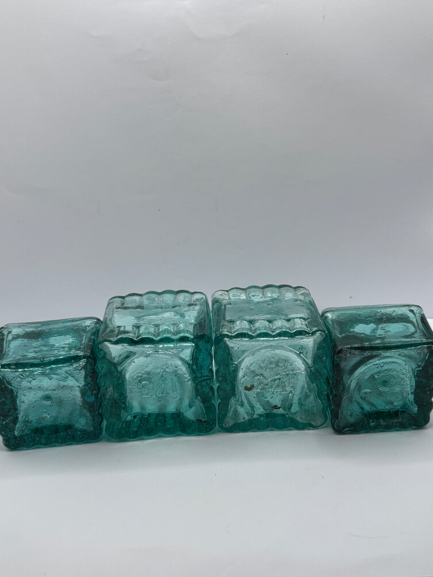 4 old aqua glass square ribbed inkwells