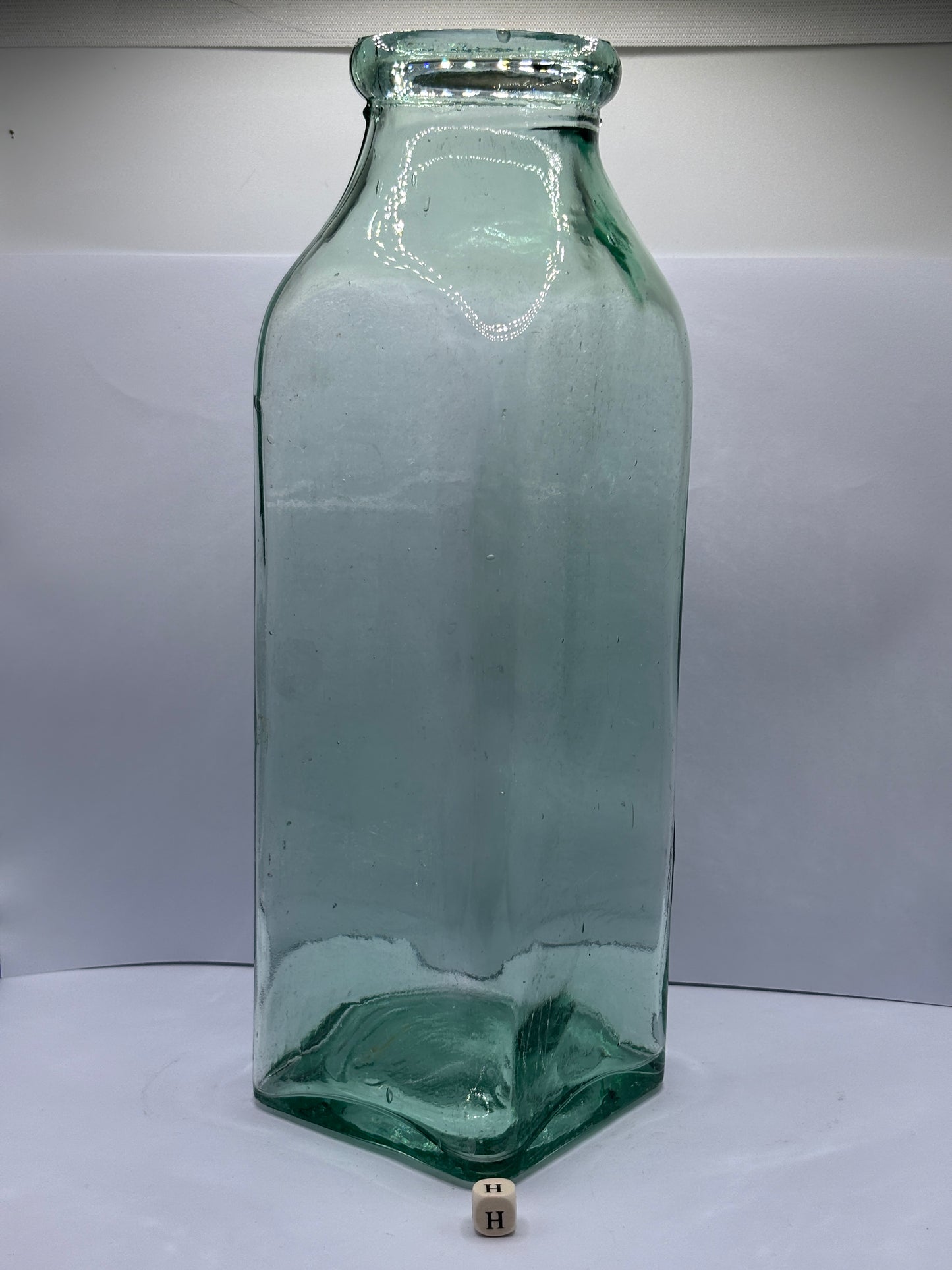 Old extra tall square glass jar, vase. 26.5cms (H)